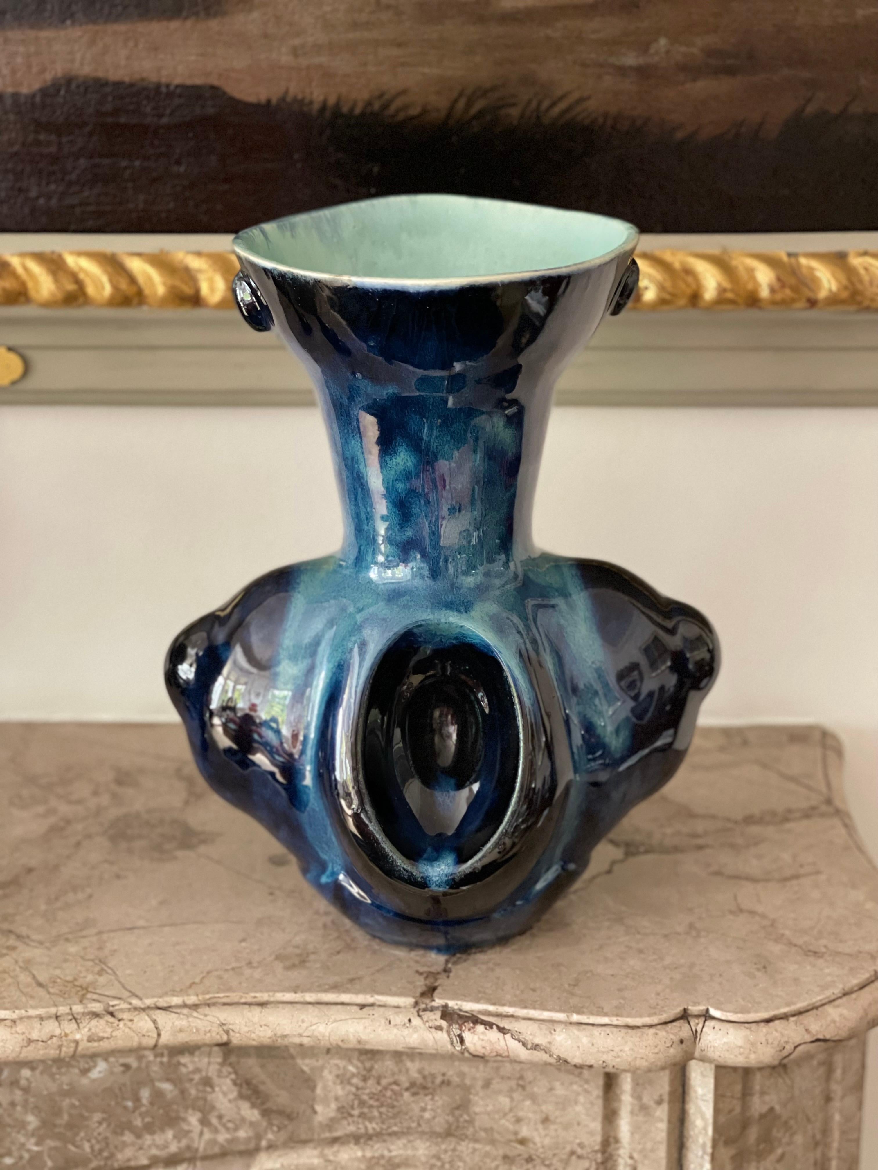 Deep Blue Ceramic Vase Contemporary 21st Century Italian Unique Piece In New Condition For Sale In London, GB