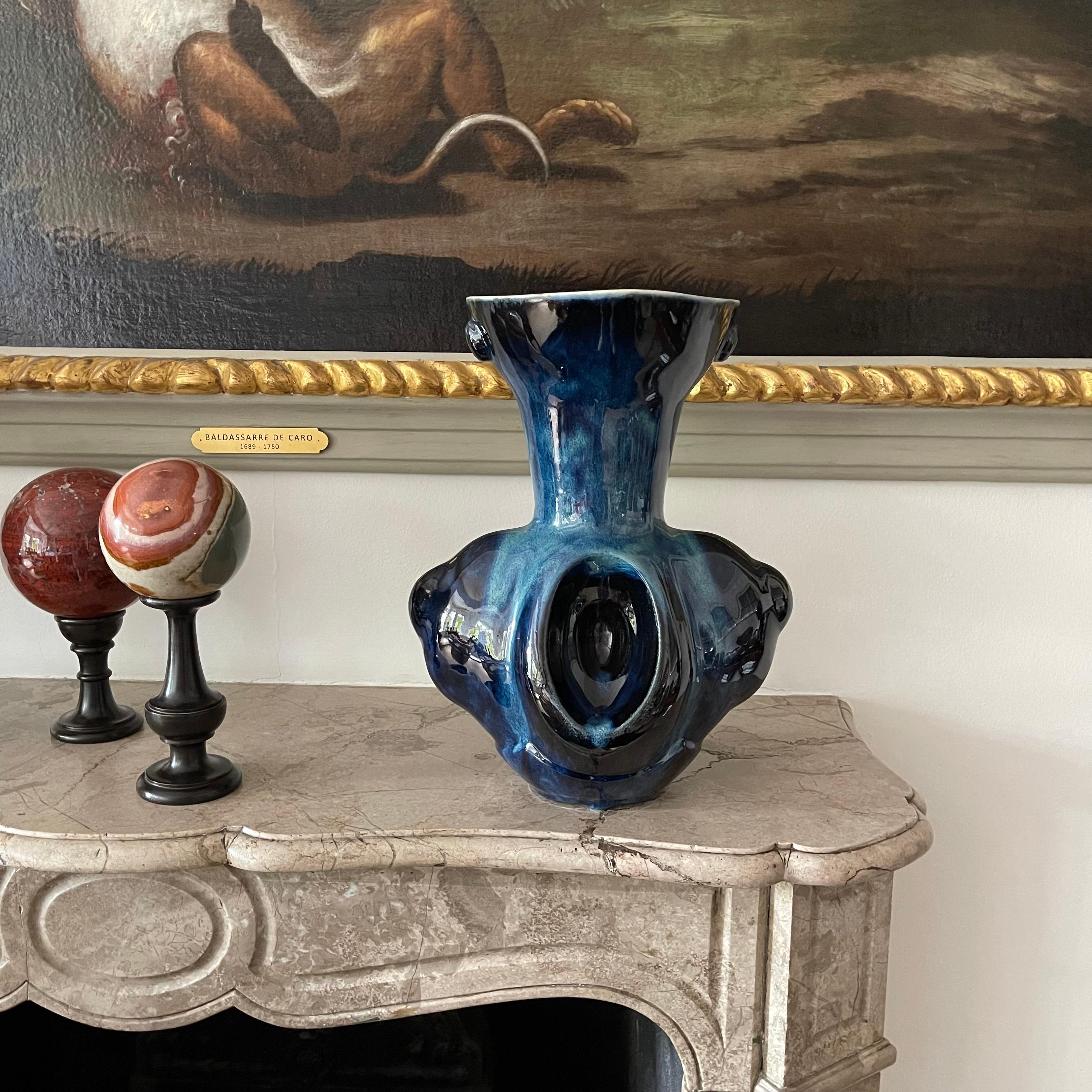 Deep Blue Ceramic Vase Contemporary 21st Century Italian Unique Piece For Sale 1