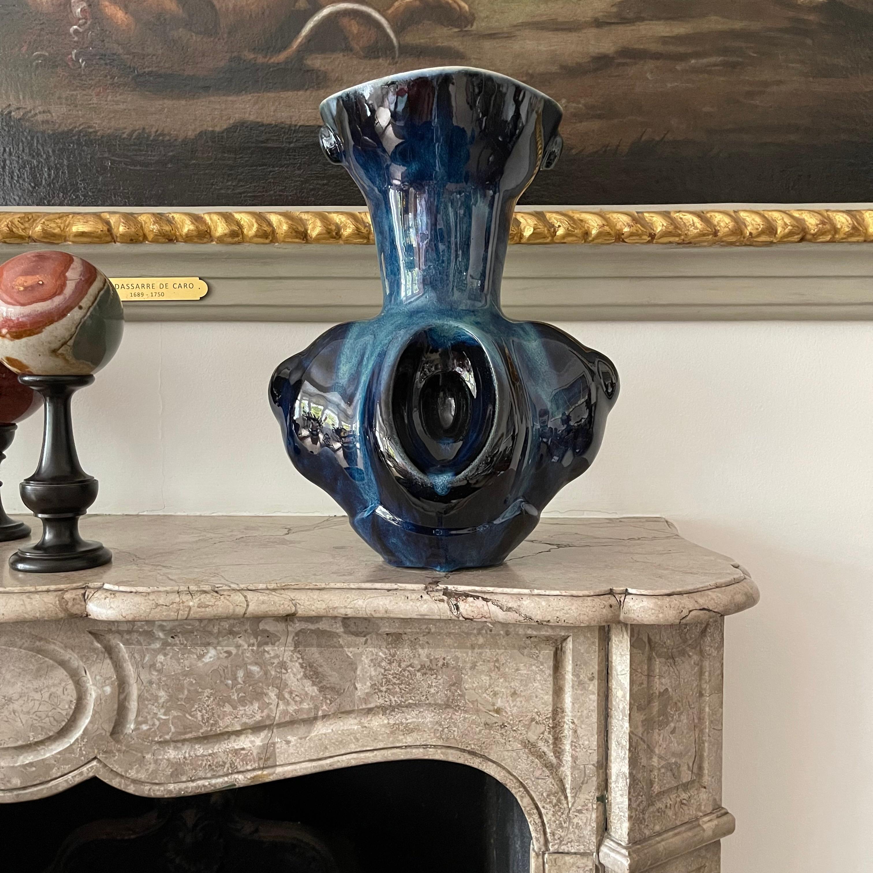 Deep Blue Ceramic Vase Contemporary 21st Century Italian Unique Piece For Sale 2