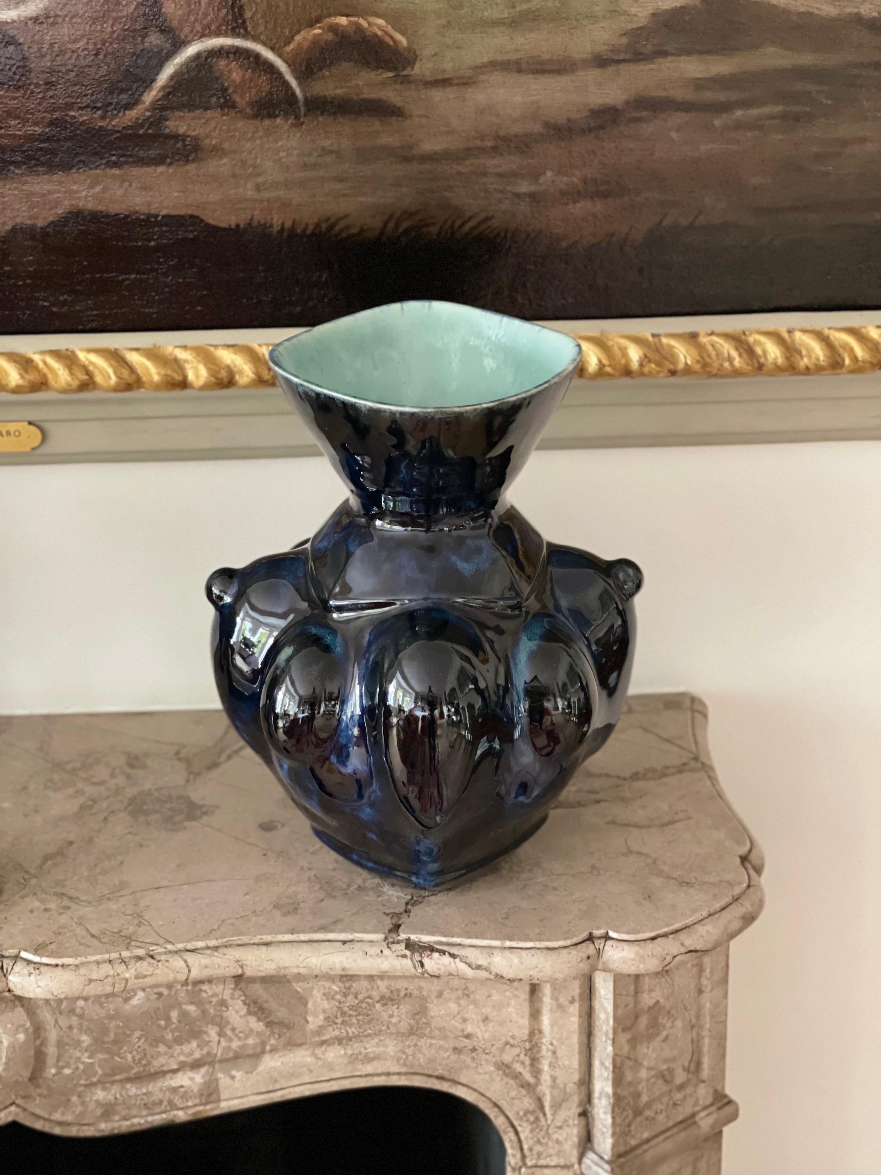 Glazed Deep Blue Ceramic Vase Contemporary 21st Century Italian Unique Piece Stoneware For Sale