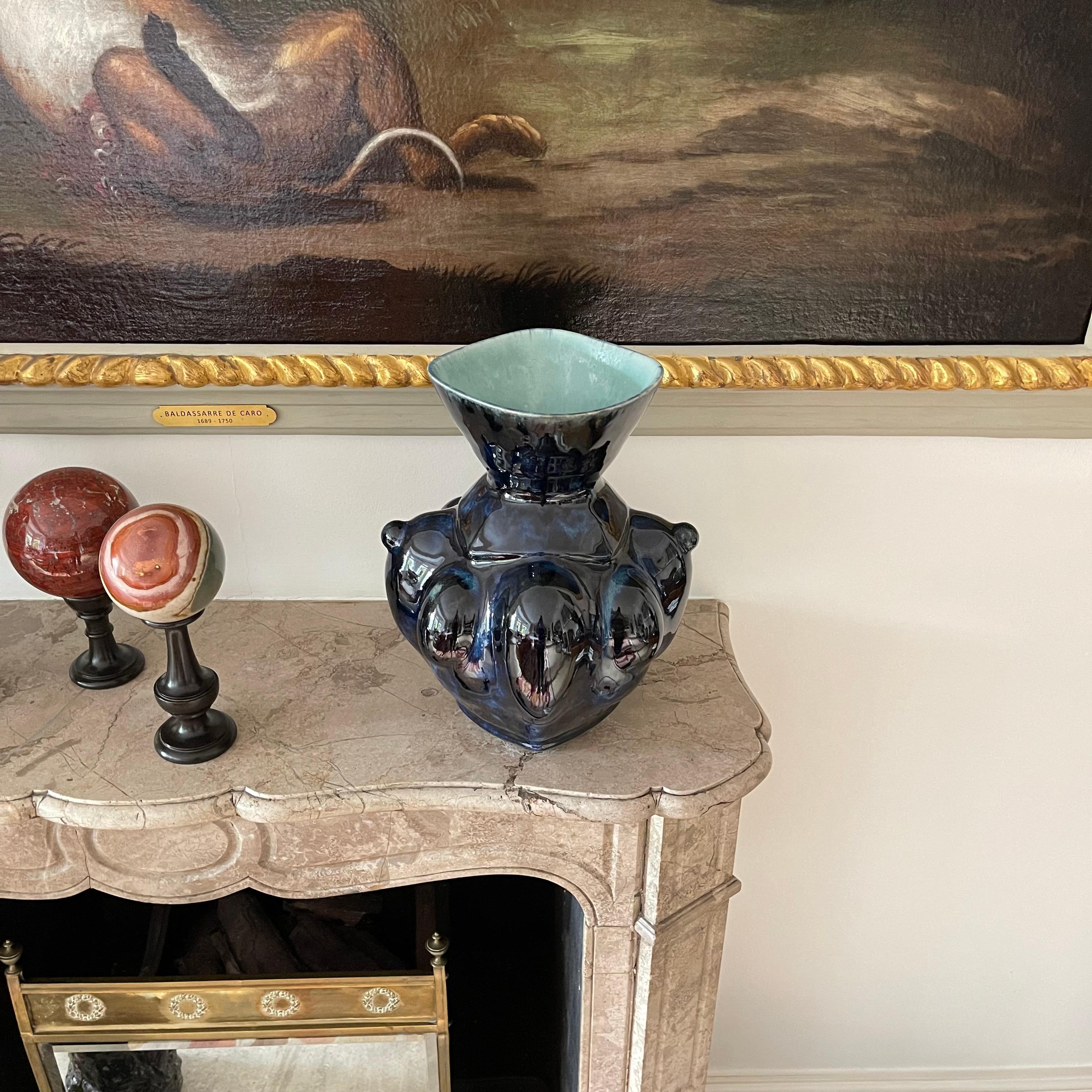 Deep Blue Ceramic Vase Contemporary 21st Century Italian Unique Piece Stoneware In New Condition For Sale In London, GB