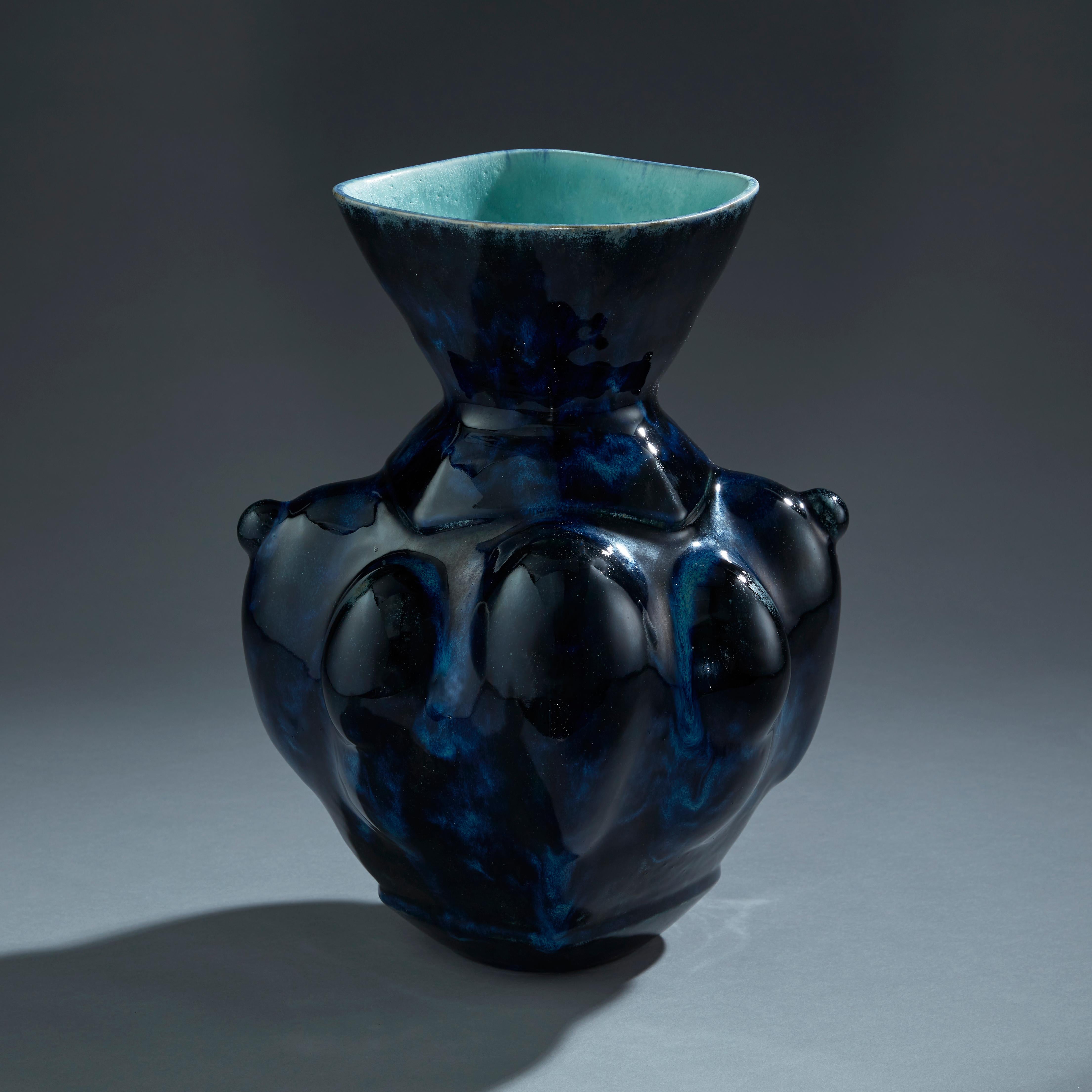 Deep Blue Ceramic Vase Contemporary 21st Century Italian Unique Piece Stoneware For Sale 1