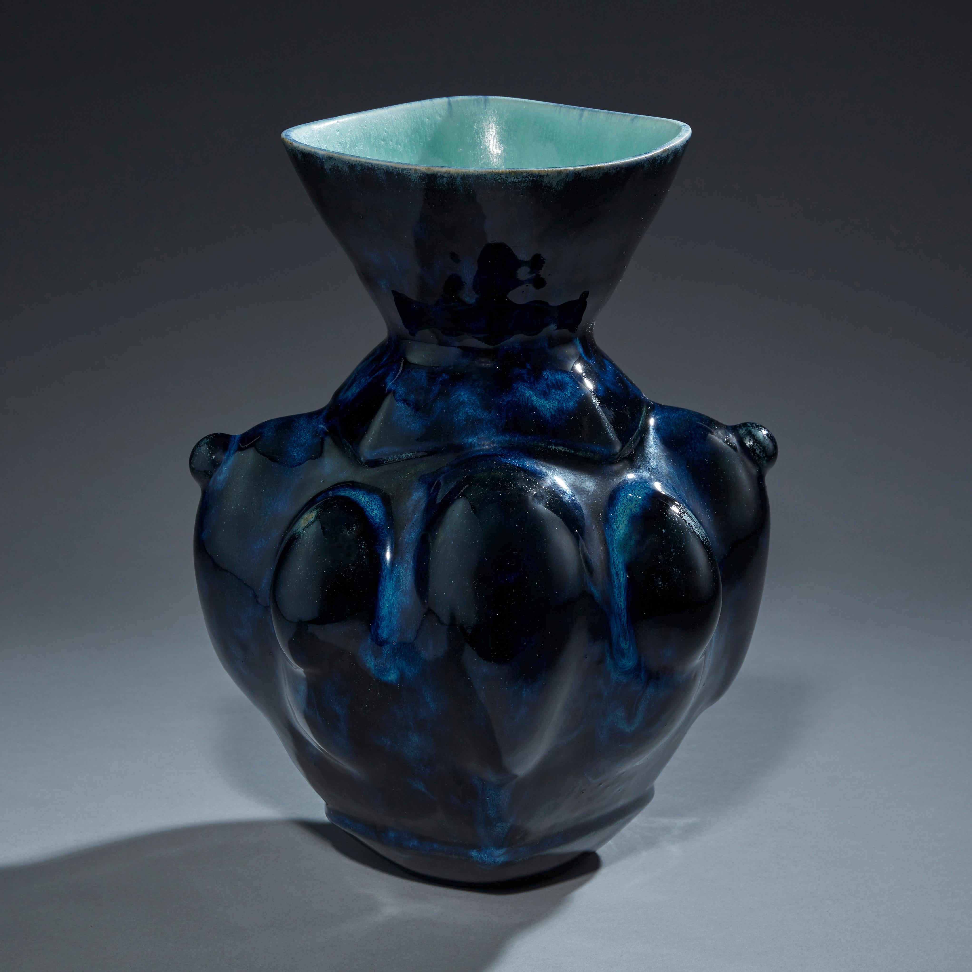 Deep Blue Ceramic Vase Contemporary 21st Century Italian Unique Piece Stoneware For Sale 2