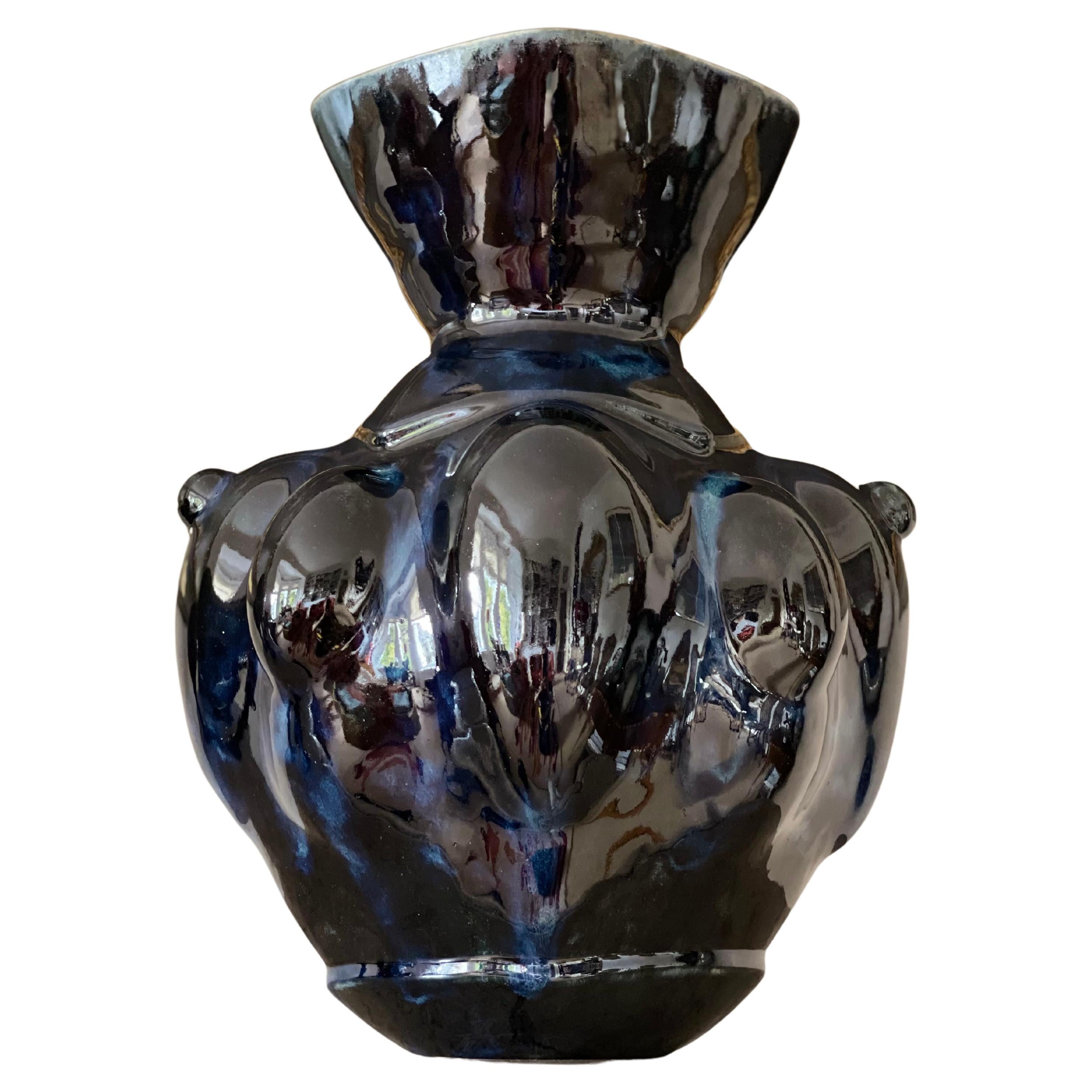 Deep Blue Ceramic Vase Contemporary 21st Century Italian Unique Piece Stoneware For Sale