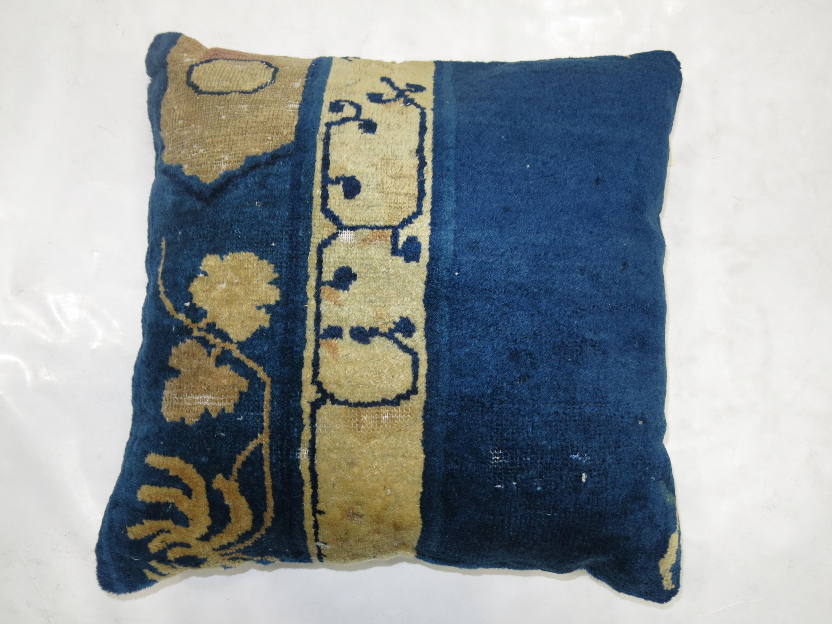 Chinoiserie Deep Blue Chinese Rug Pillow For Sale