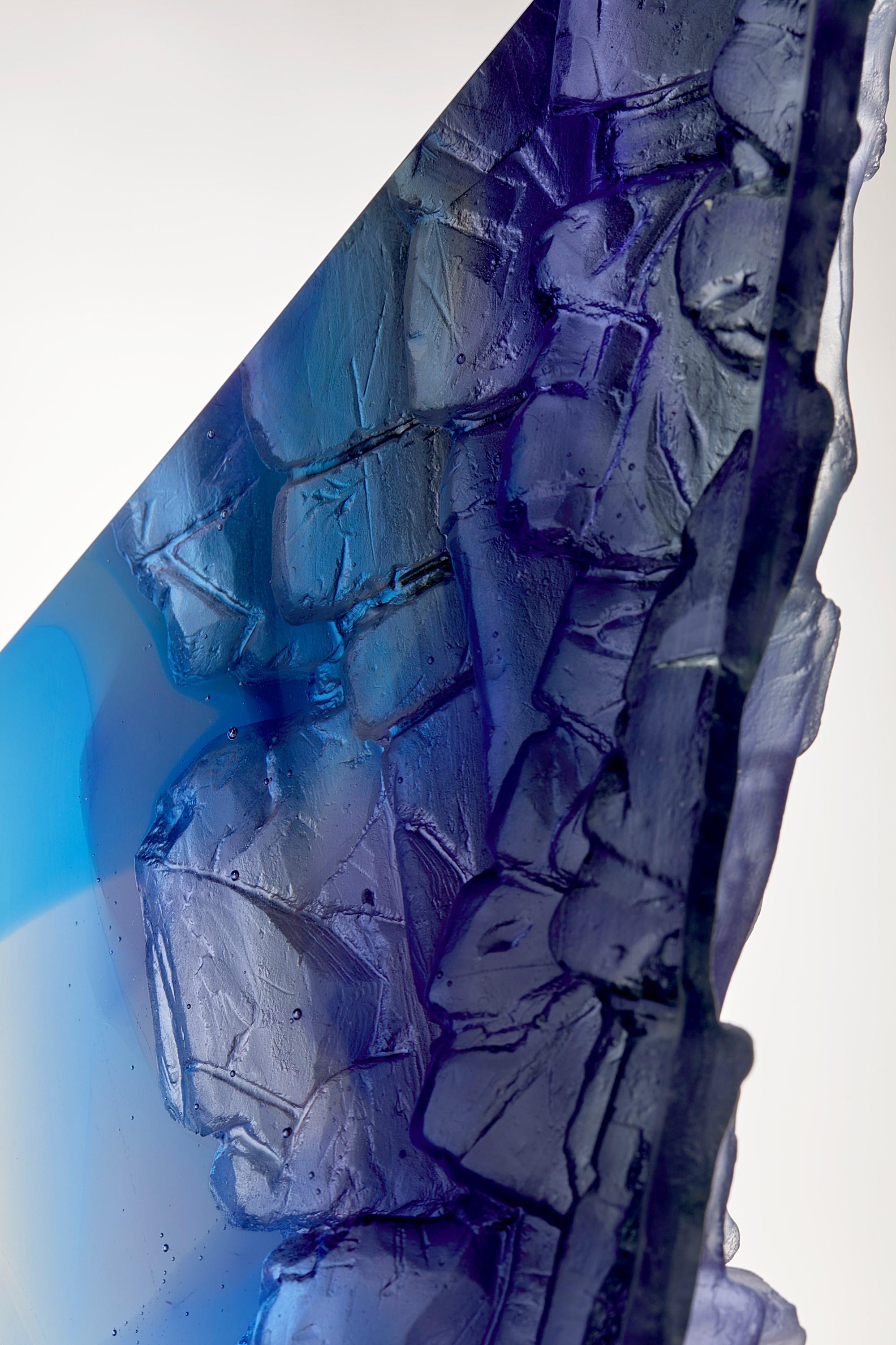 Deep Blue Cliff II, a textured cliff inspired glass sculpture by Crispian Heath In New Condition For Sale In London, GB