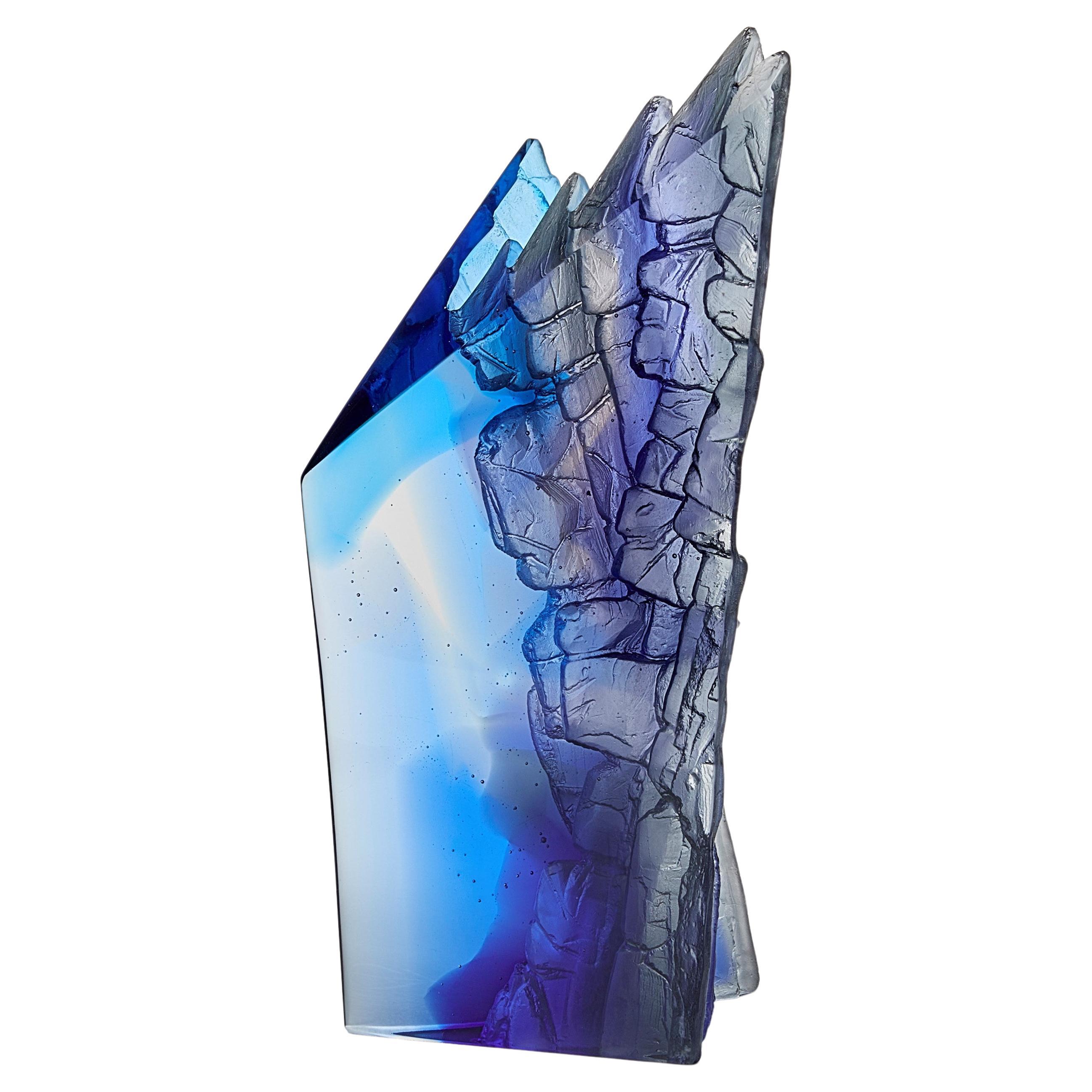 Deep Blue Cliff II, a textured cliff inspired glass sculpture by Crispian Heath For Sale