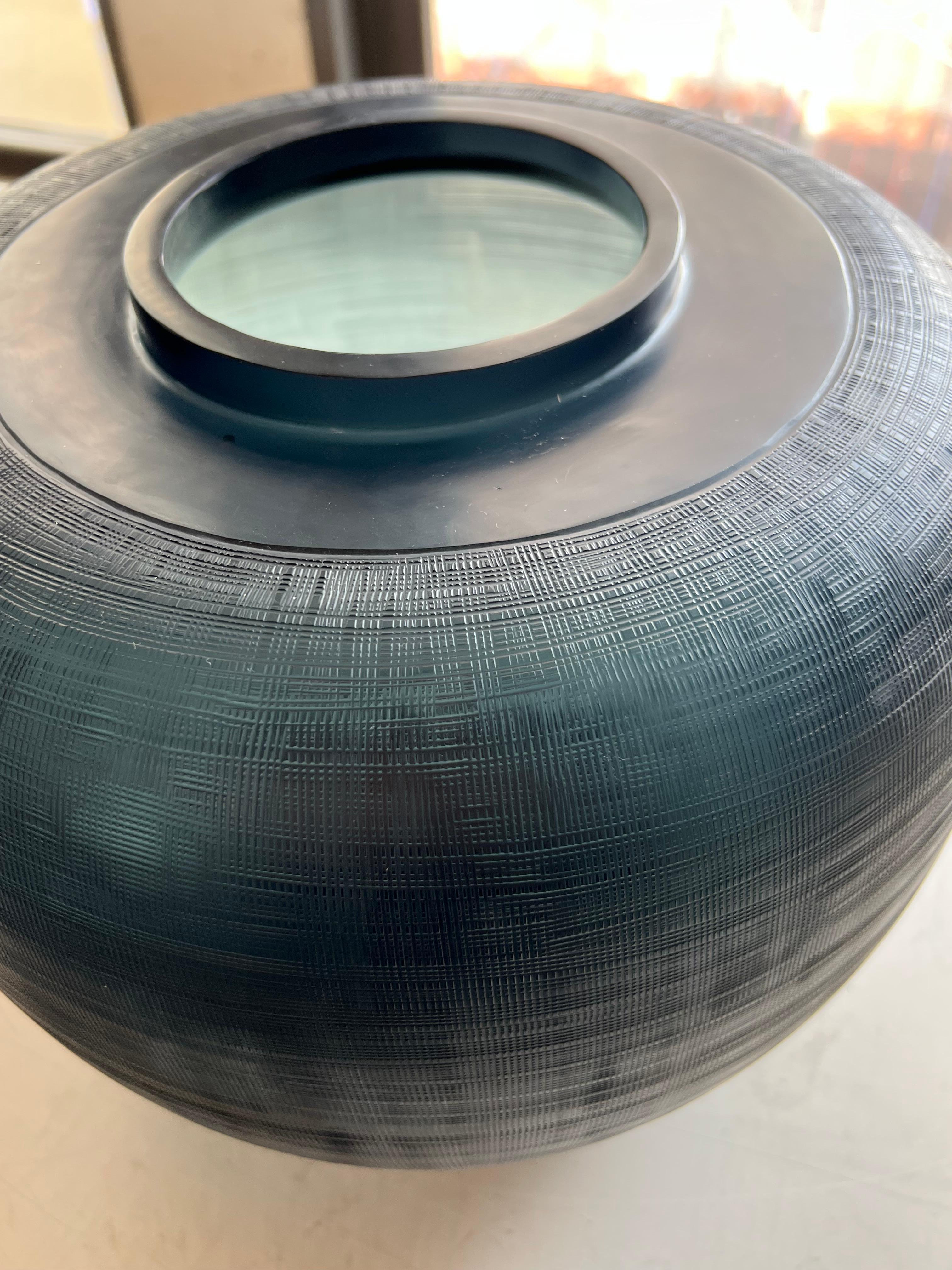 Deep Blue Cut Glass Short Squat Shape Vase, Romanian, Contemporary 1