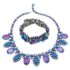 Retro Deep Blue Czech Necklace and Bracelet Set 1950s