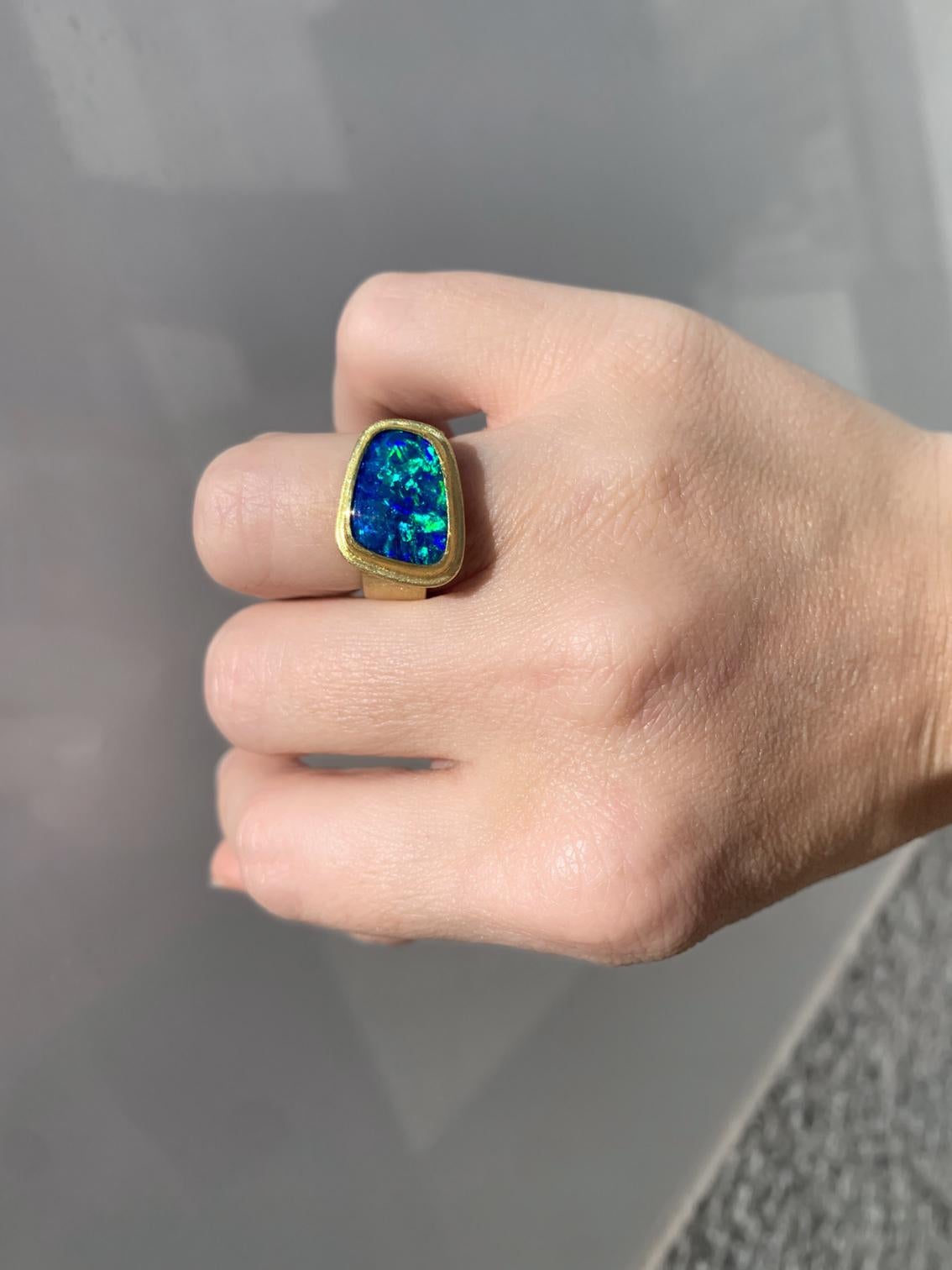 Double Framed Ring handmade by award-winning jewelry artist Petra Class featuring a spectacular, magical deep blue solid Australian opal free-form cabochon with exceptional electrifying colorplay, bezel-set and double-framed in the maker's signature
