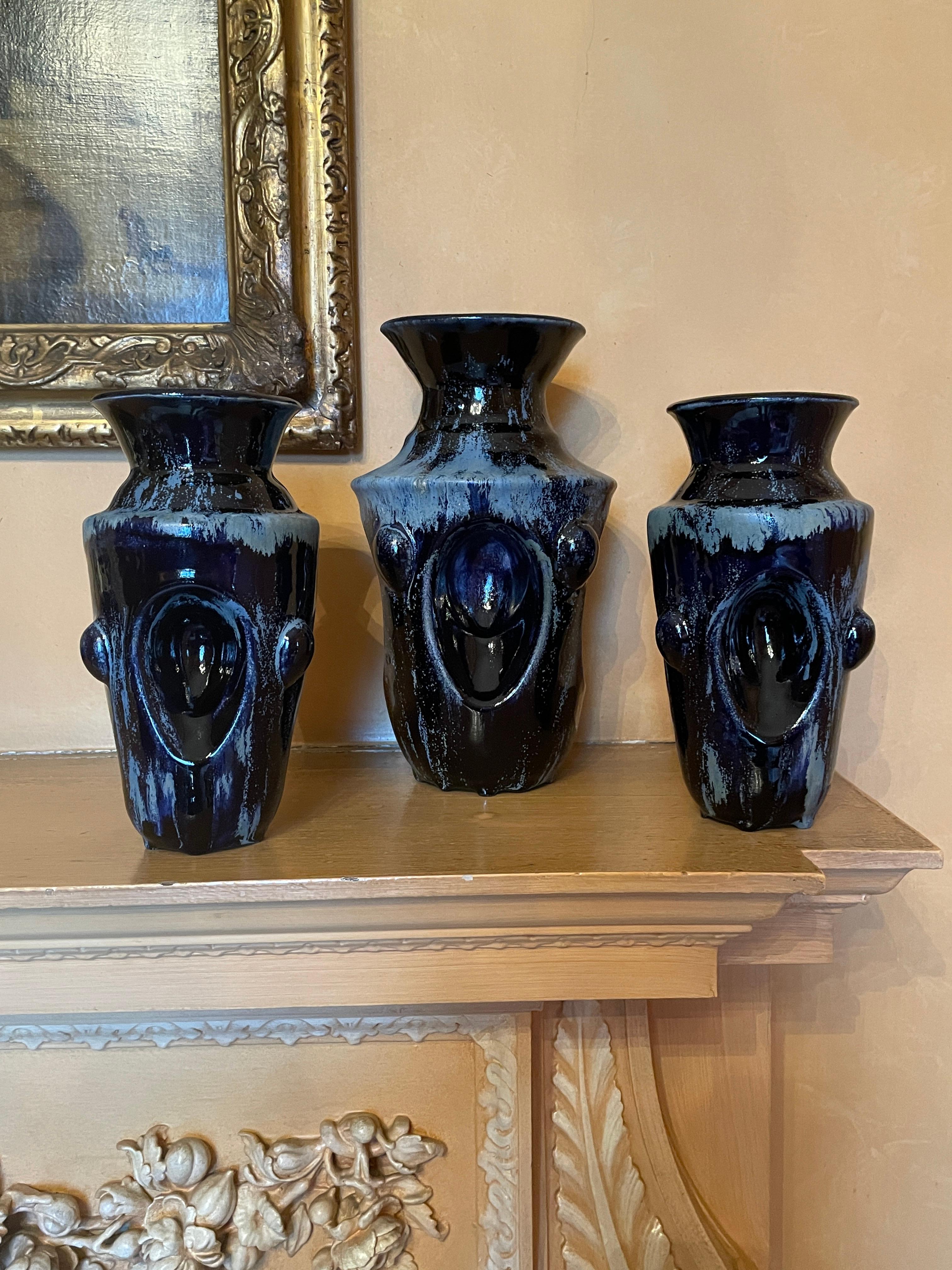 Deep Blue Garniture of Three Vases Contemporary 21st Century Italian Unique For Sale 3