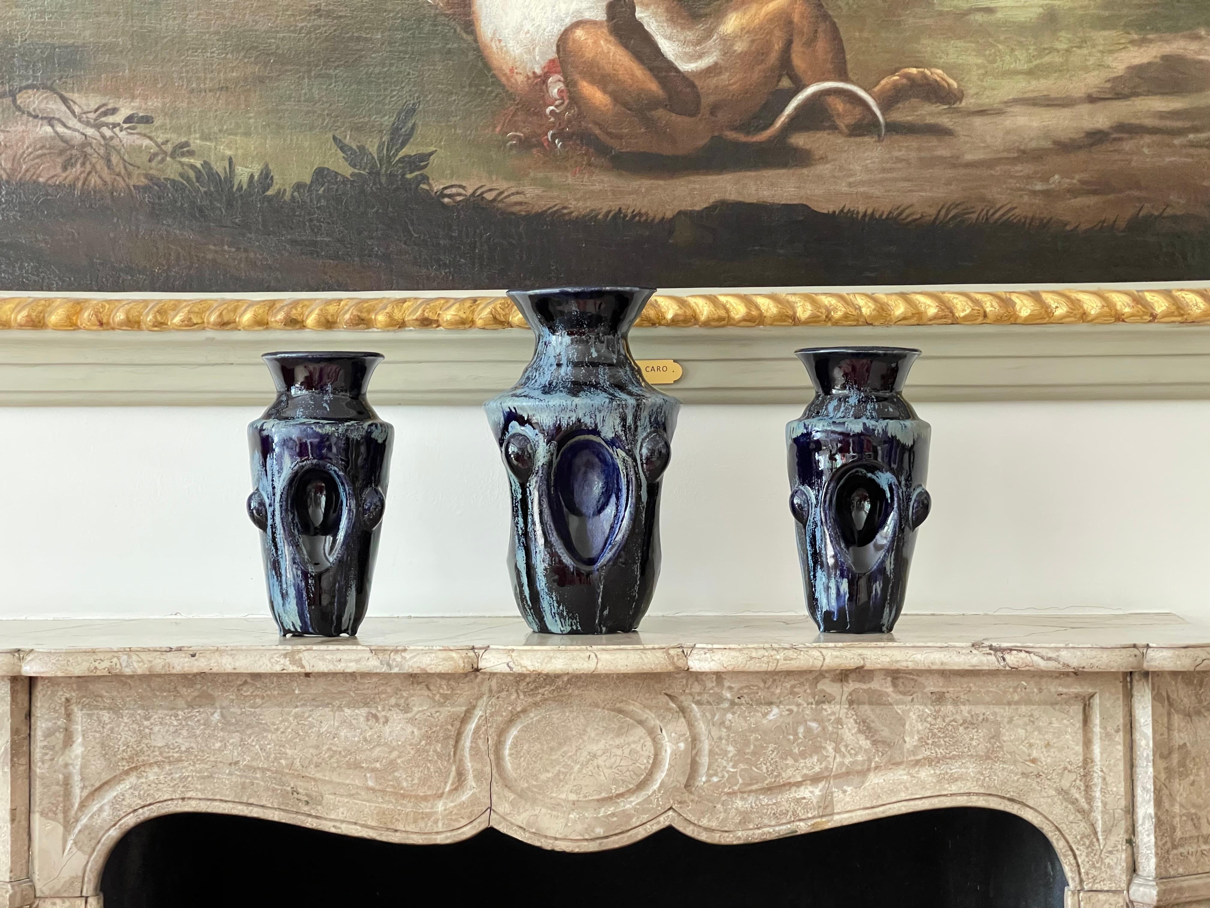 Glazed Deep Blue Garniture of Three Vases Contemporary 21st Century Italian Unique For Sale
