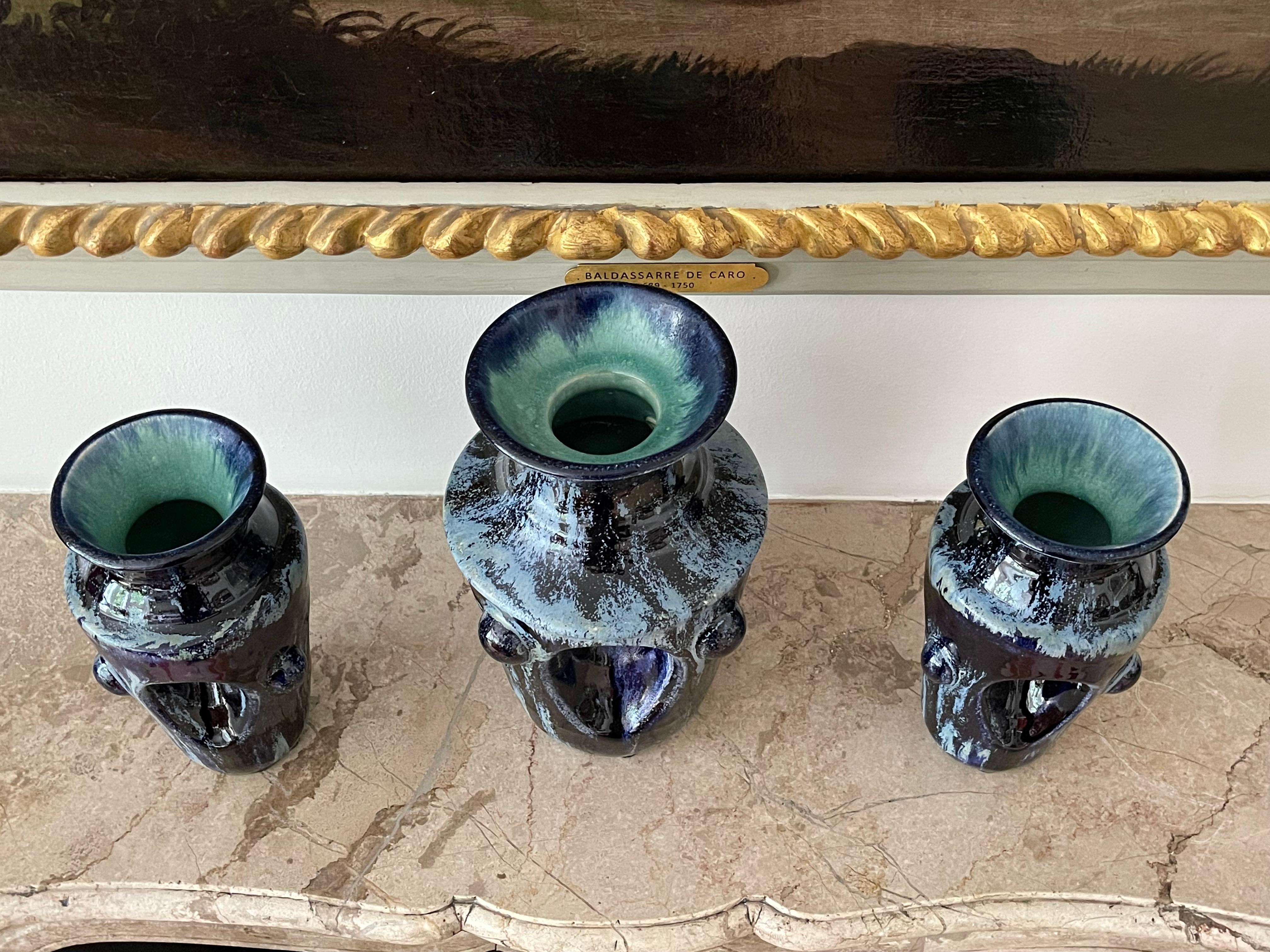 Ceramic Deep Blue Garniture of Three Vases Contemporary 21st Century Italian Unique For Sale