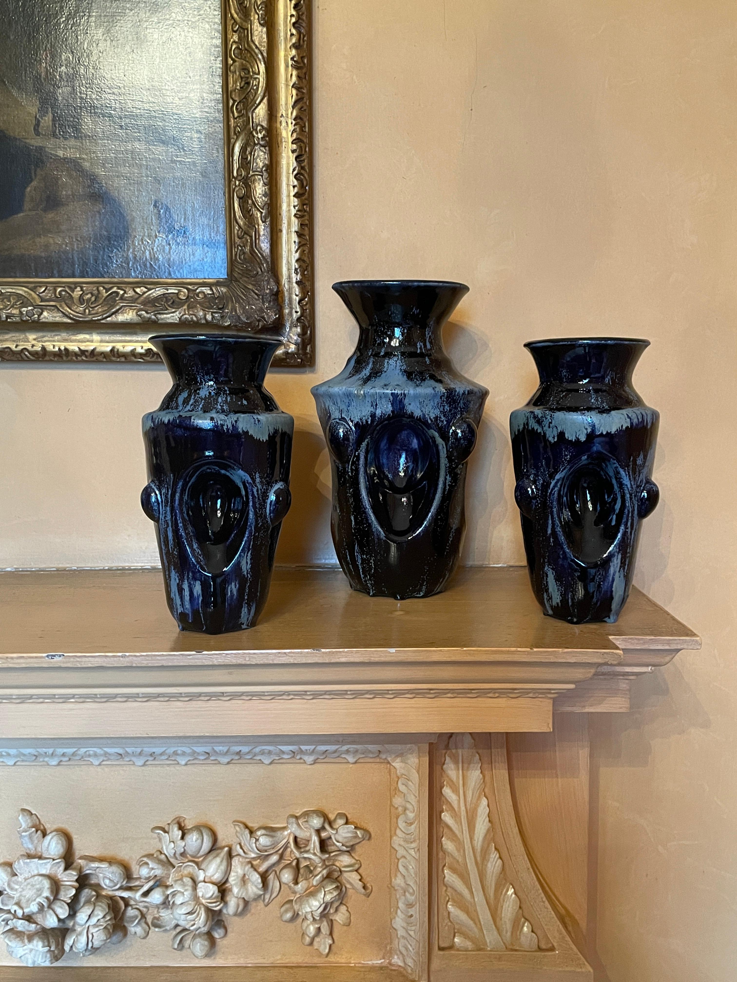 Deep Blue Garniture of Three Vases Contemporary 21st Century Italian Unique For Sale 2