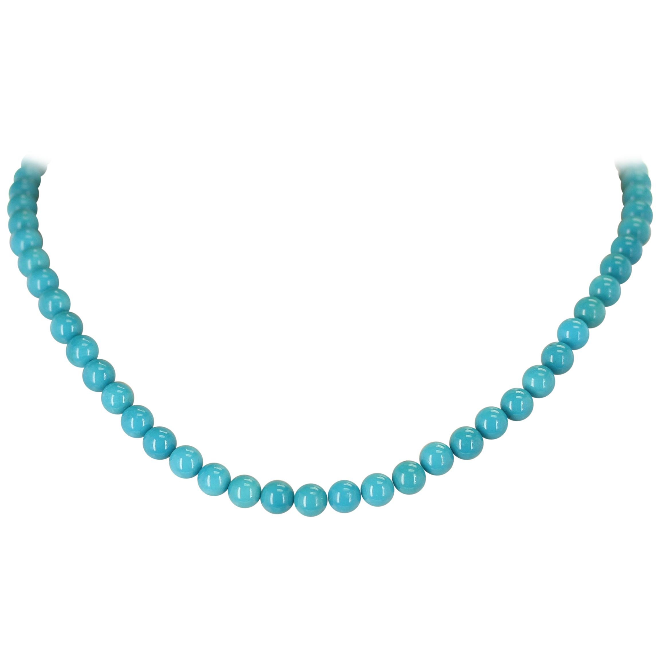 Deep Blue Genuine Turquoise Beads Necklace, 14 Karat Yellow Gold For Sale