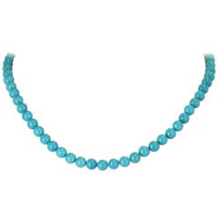 Deep Blue Genuine Turquoise Beads Necklace, 14 Karat Yellow Gold