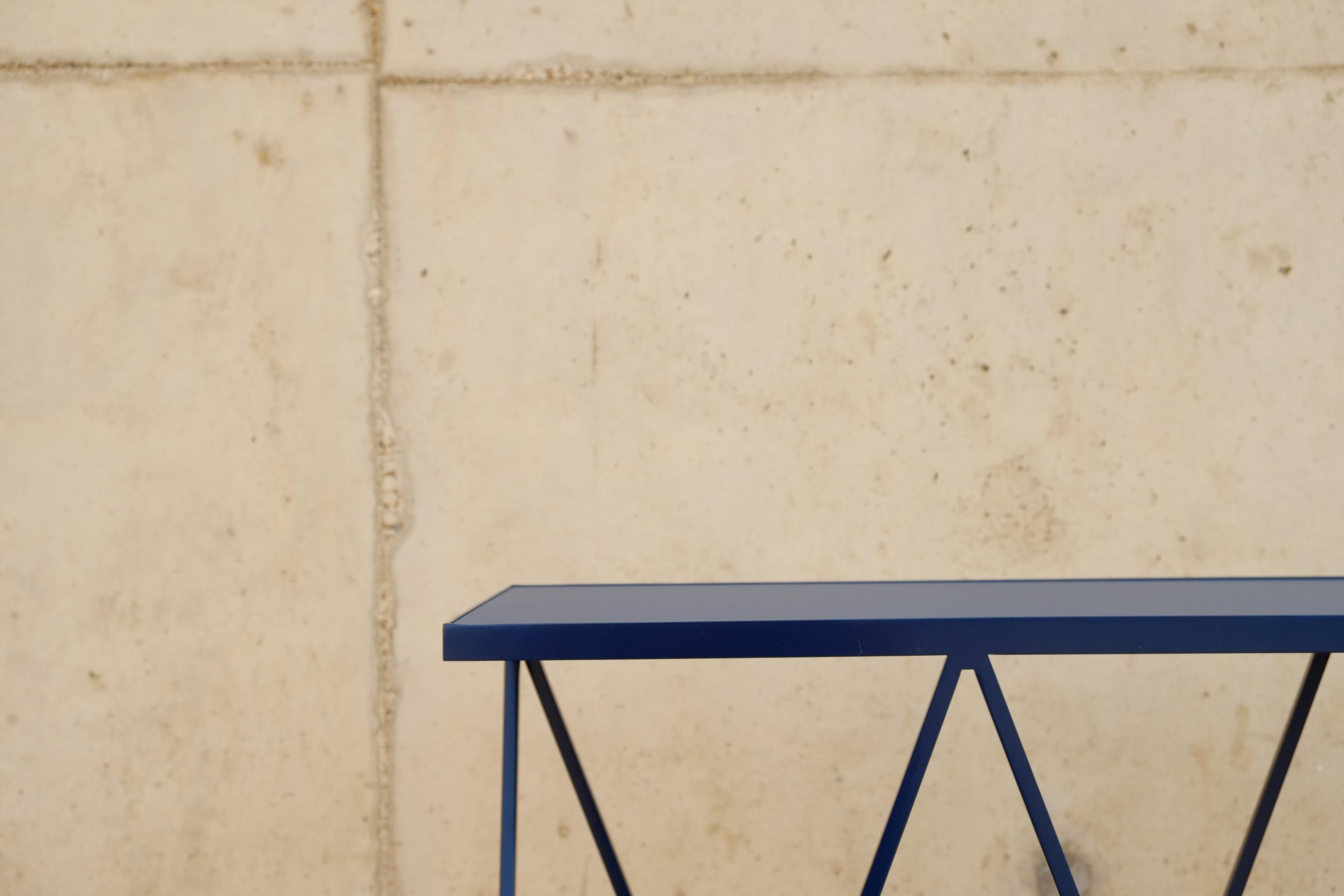 Modern Deep Blue Giraffe Console Table with Linseed Linoleum Table Top For Sale