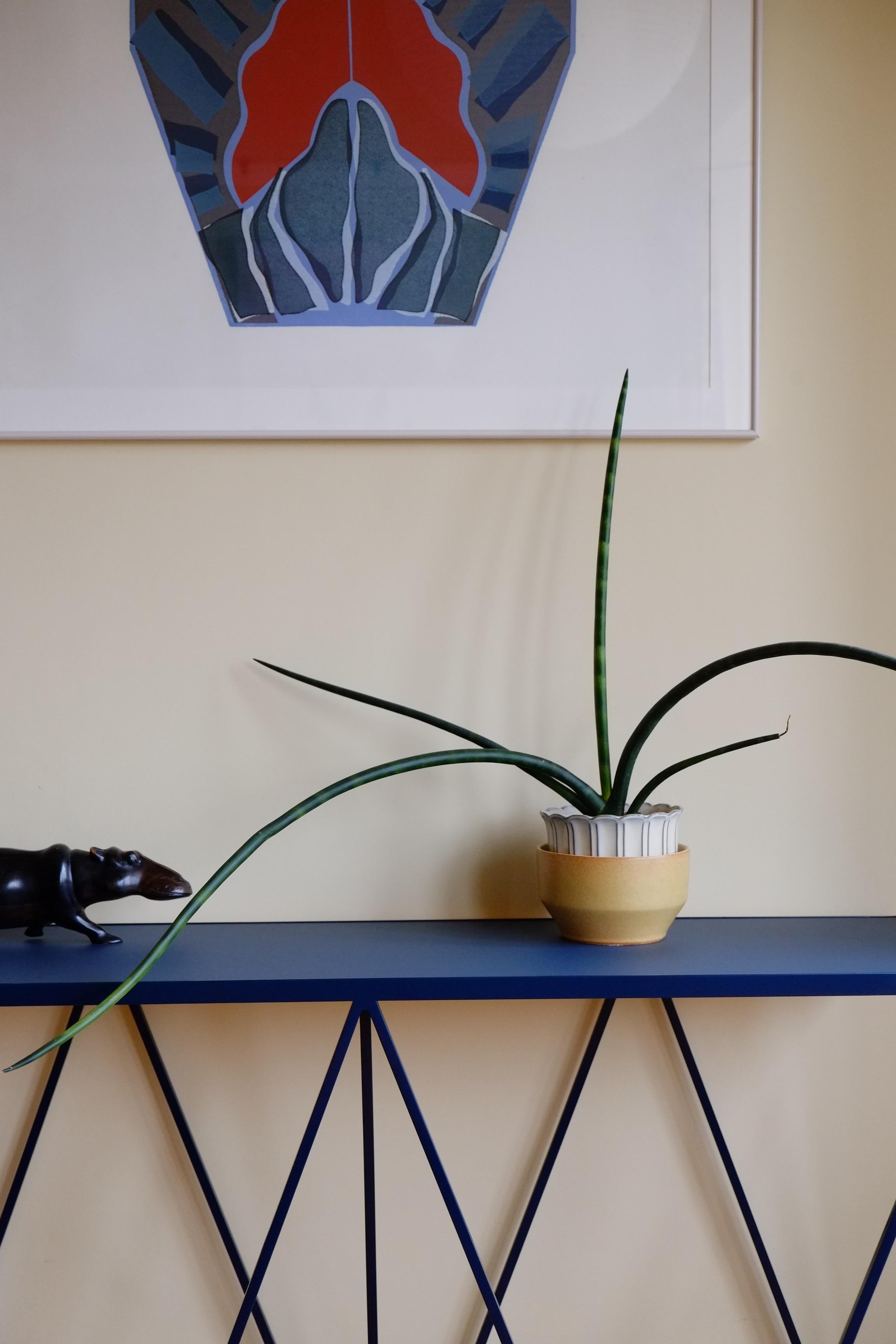 British Deep Blue Giraffe Console Table with Linseed Linoleum Table Top For Sale