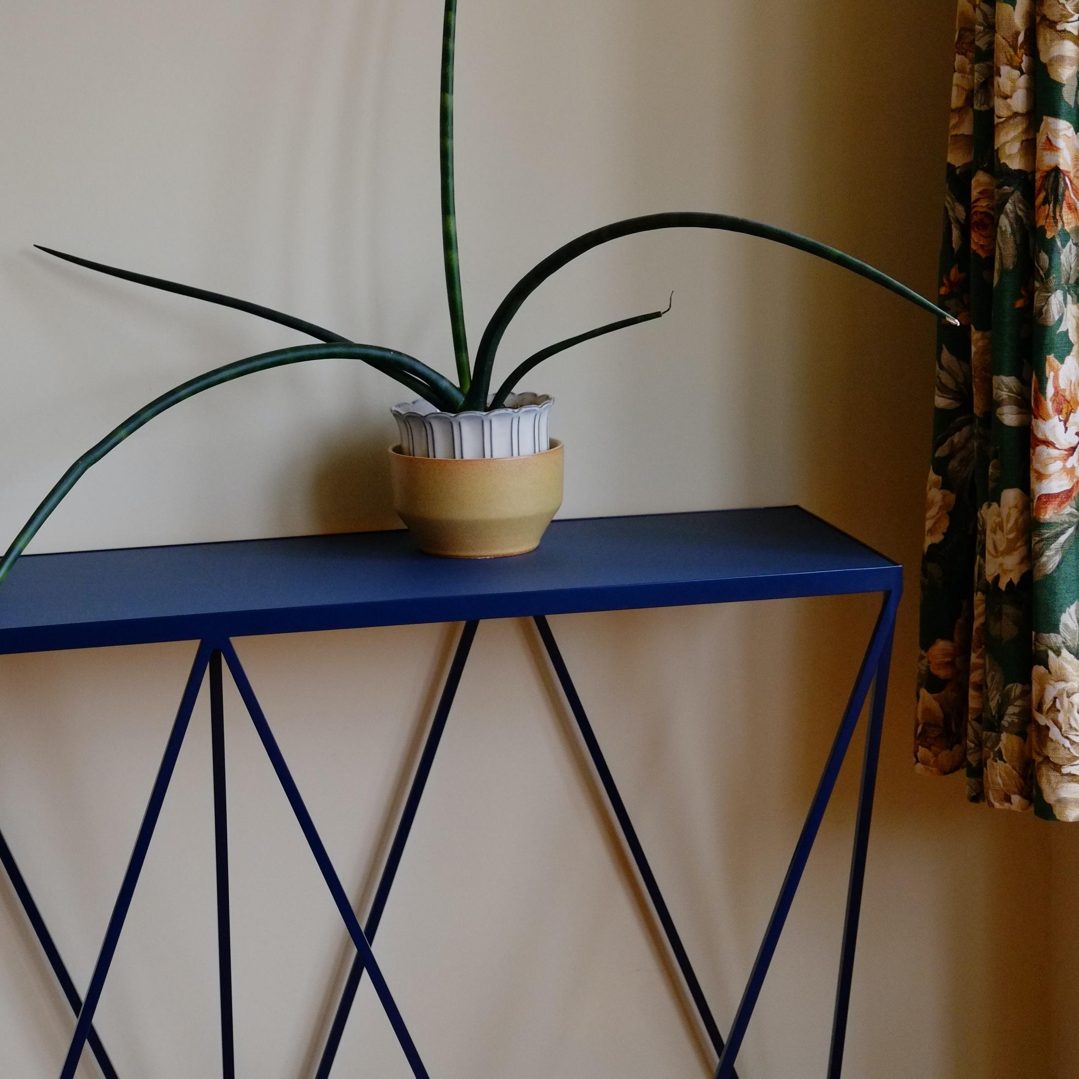 Deep Blue Giraffe Console Table with Linseed Linoleum Table Top In New Condition For Sale In Leicester, GB