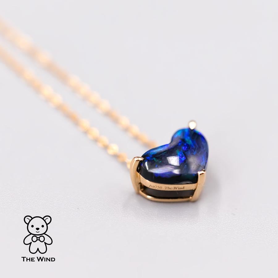 Deep Blue Heart Shaped Australian Black Opal Pendant Necklace 18K Yellow Gold In New Condition For Sale In Suwanee, GA