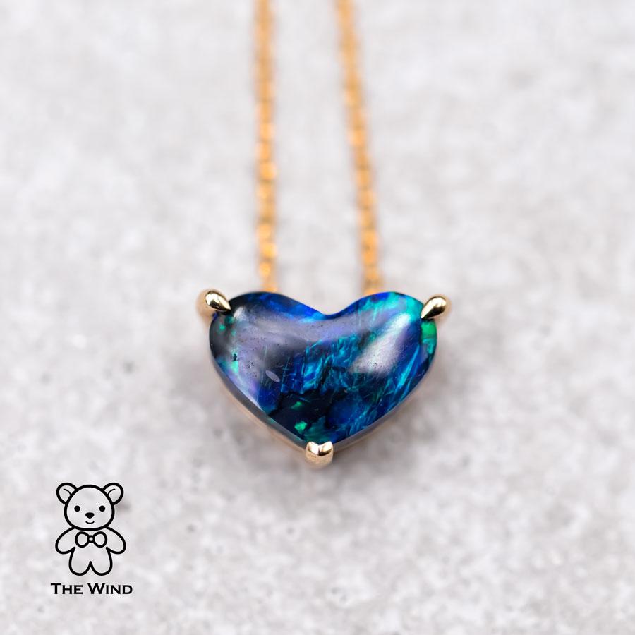 Women's or Men's Deep Blue Heart Shaped Australian Black Opal Pendant Necklace 18K Yellow Gold For Sale