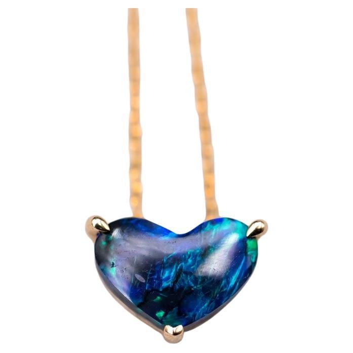 Deep Blue Heart Shaped Australian Black Opal Pendant Necklace 18K Yellow Gold For Sale
