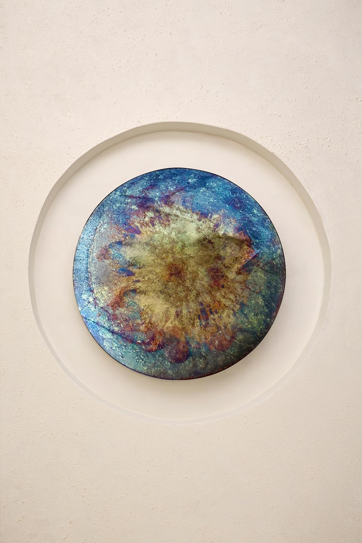 Limited Edition Deep Blue III Convex Multicolor Oxidized Mirror by Homa
Dimensions: D 97 x H 7 cm
Materials: Convex Oxidized Mirror. 

HOMA is a contemporary design atelier based in Istanbul. The atelier’s trademark processes are handblown glass,