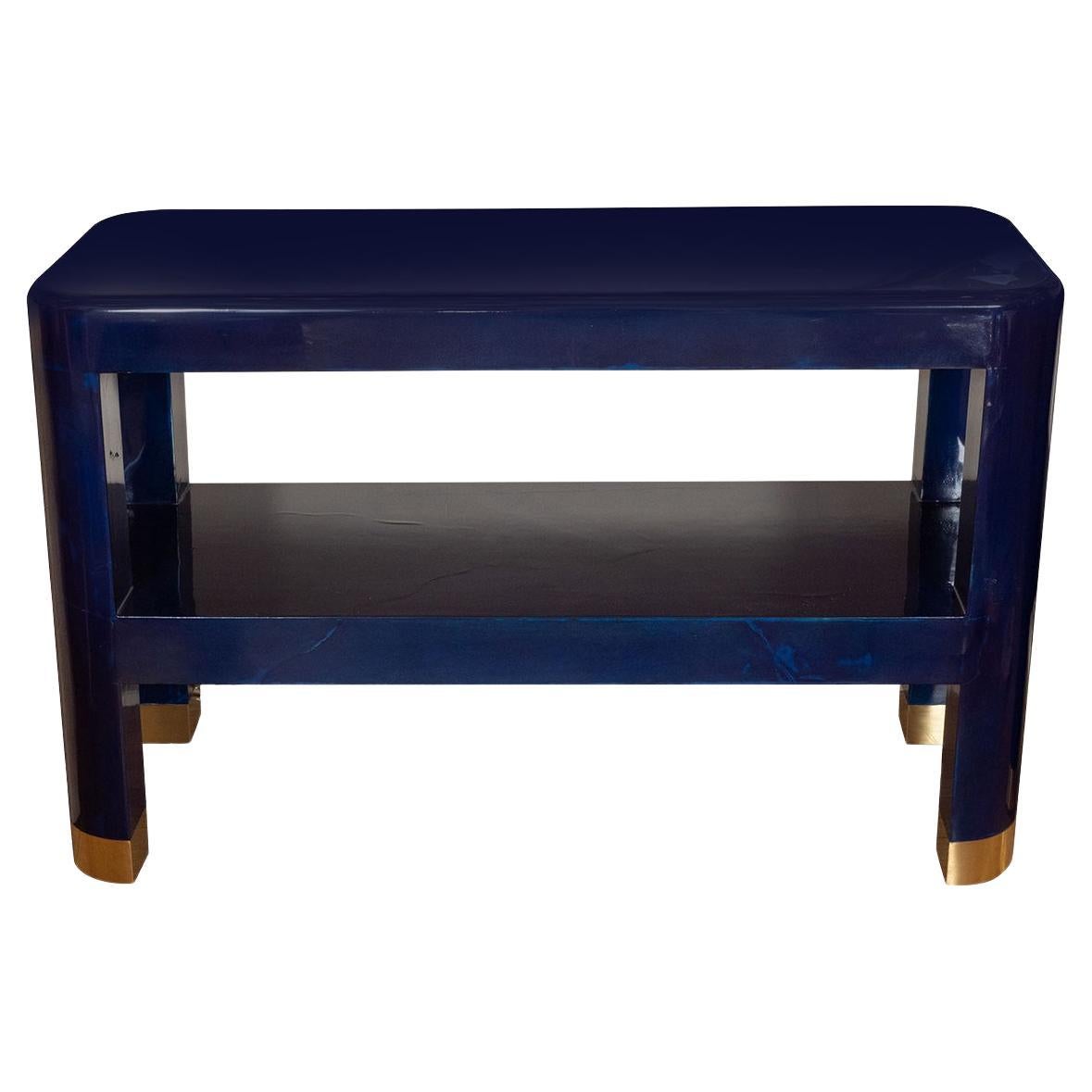Deep blue lacquered goatskin console For Sale
