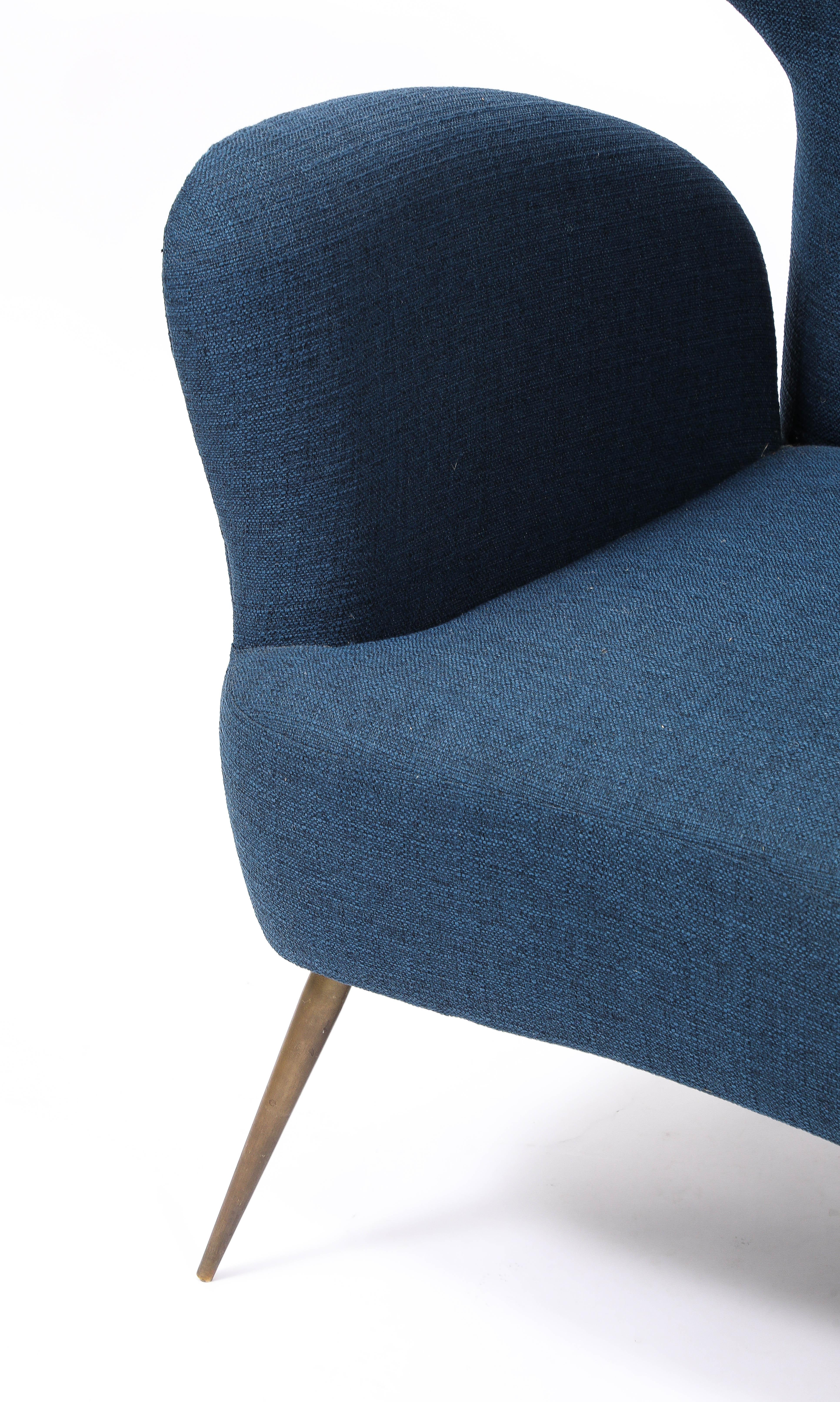 Deep Blue  Linen Italian Wing Chairs, Italy 1950's 5