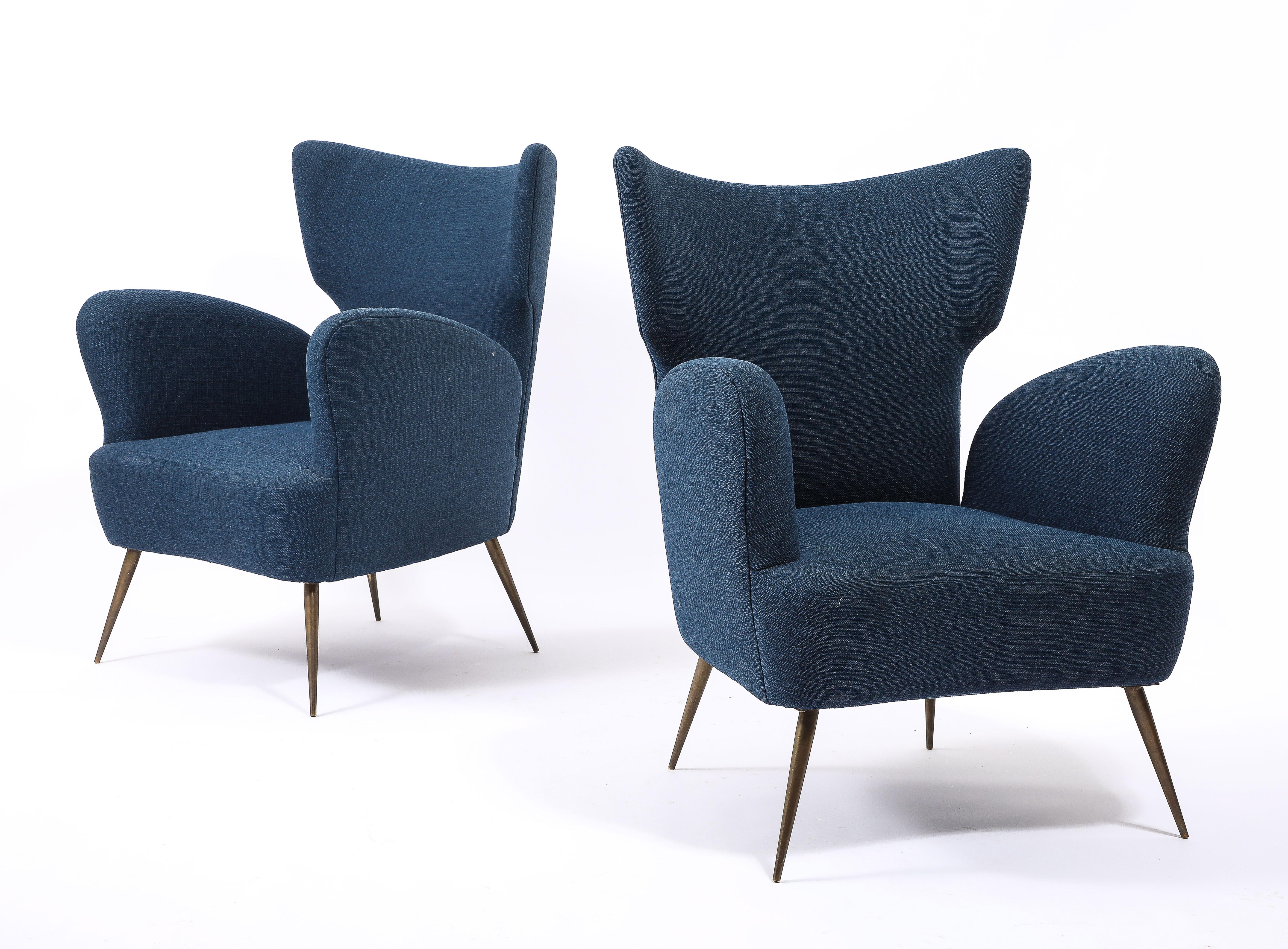 Deep Blue  Linen Italian Wing Chairs, Italy 1950's 6