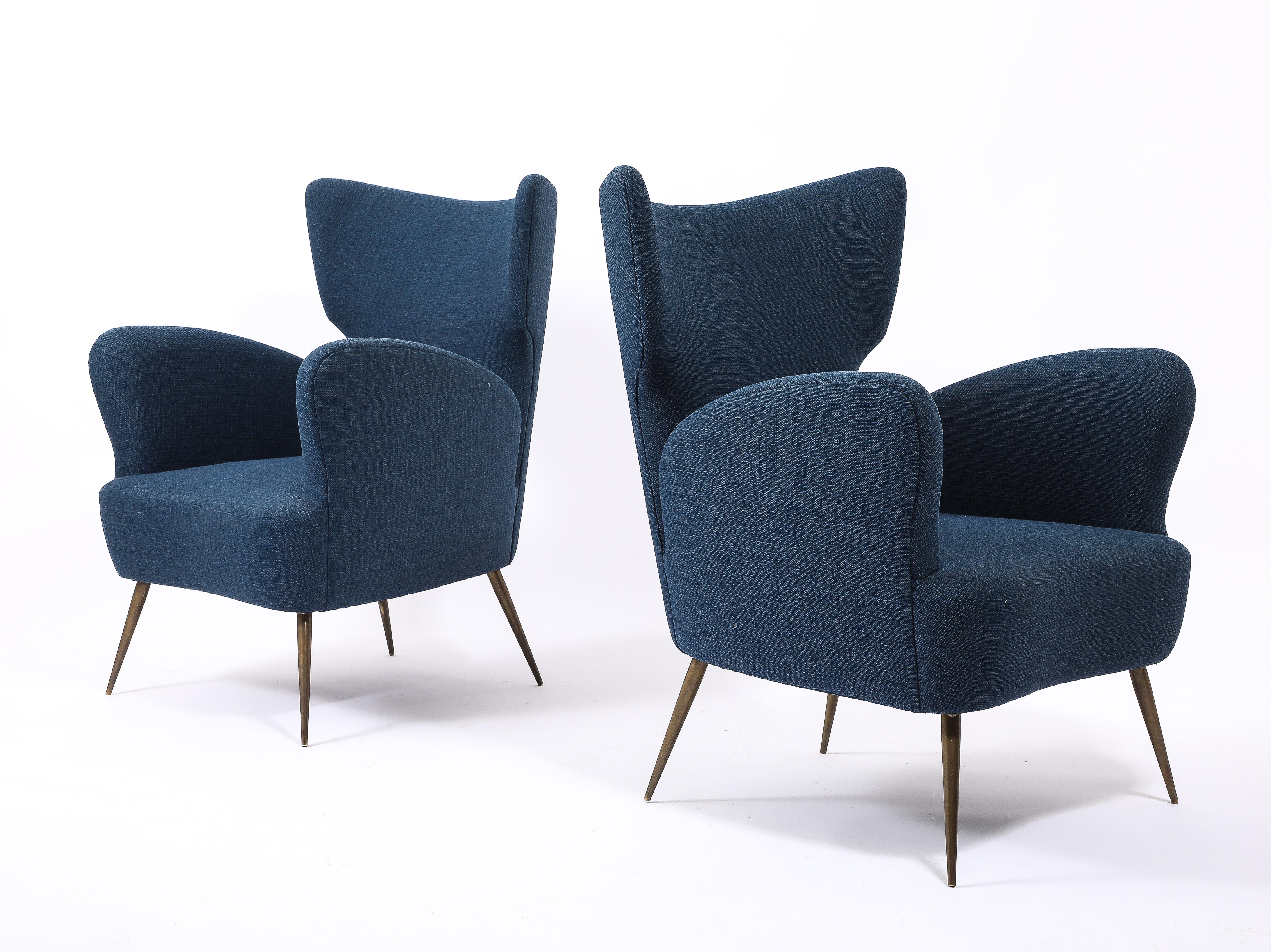 Deep Blue  Linen Italian Wing Chairs, Italy 1950's 7