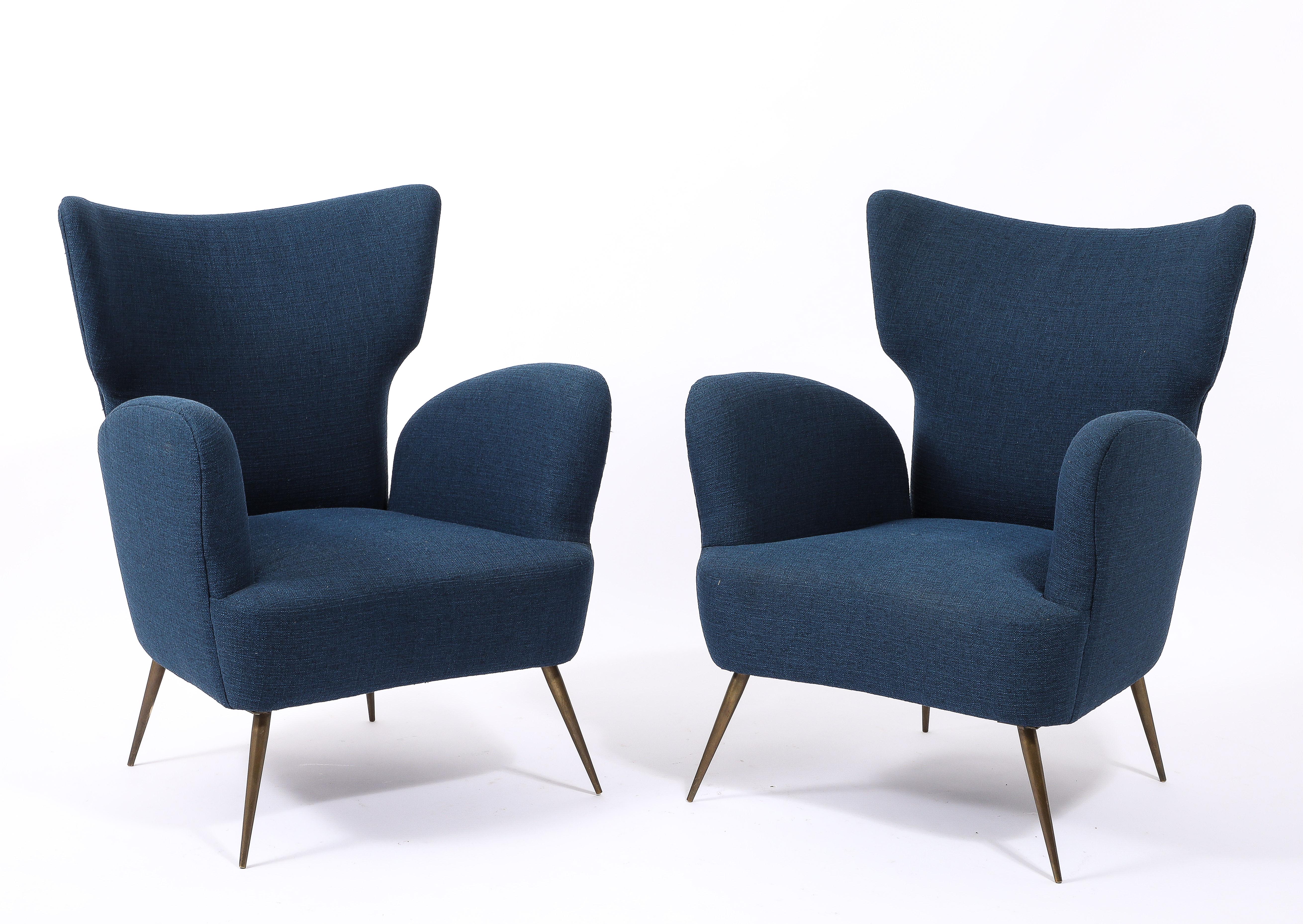 20th Century Deep Blue  Linen Italian Wing Chairs, Italy 1950's