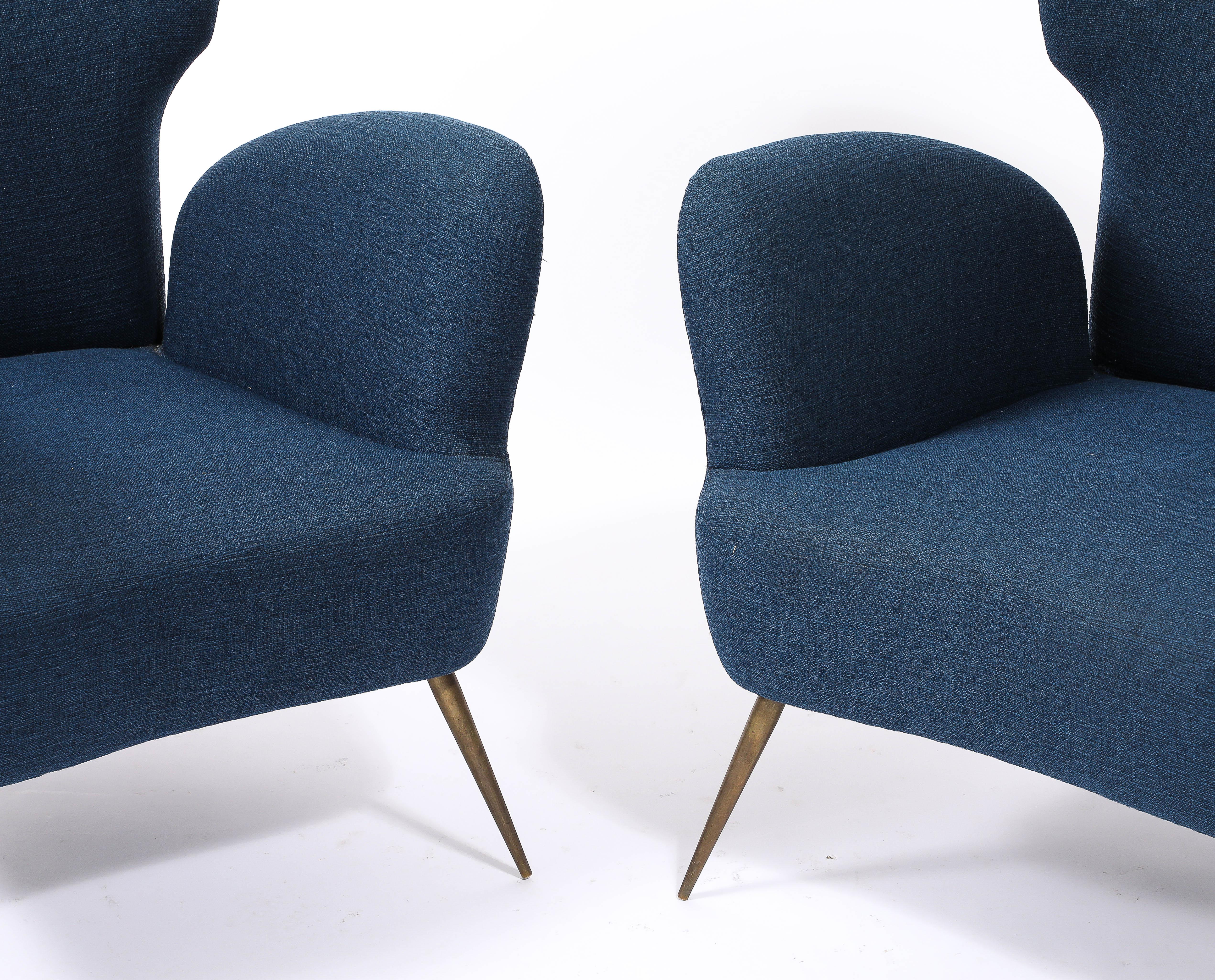 Brass Deep Blue  Linen Italian Wing Chairs, Italy 1950's