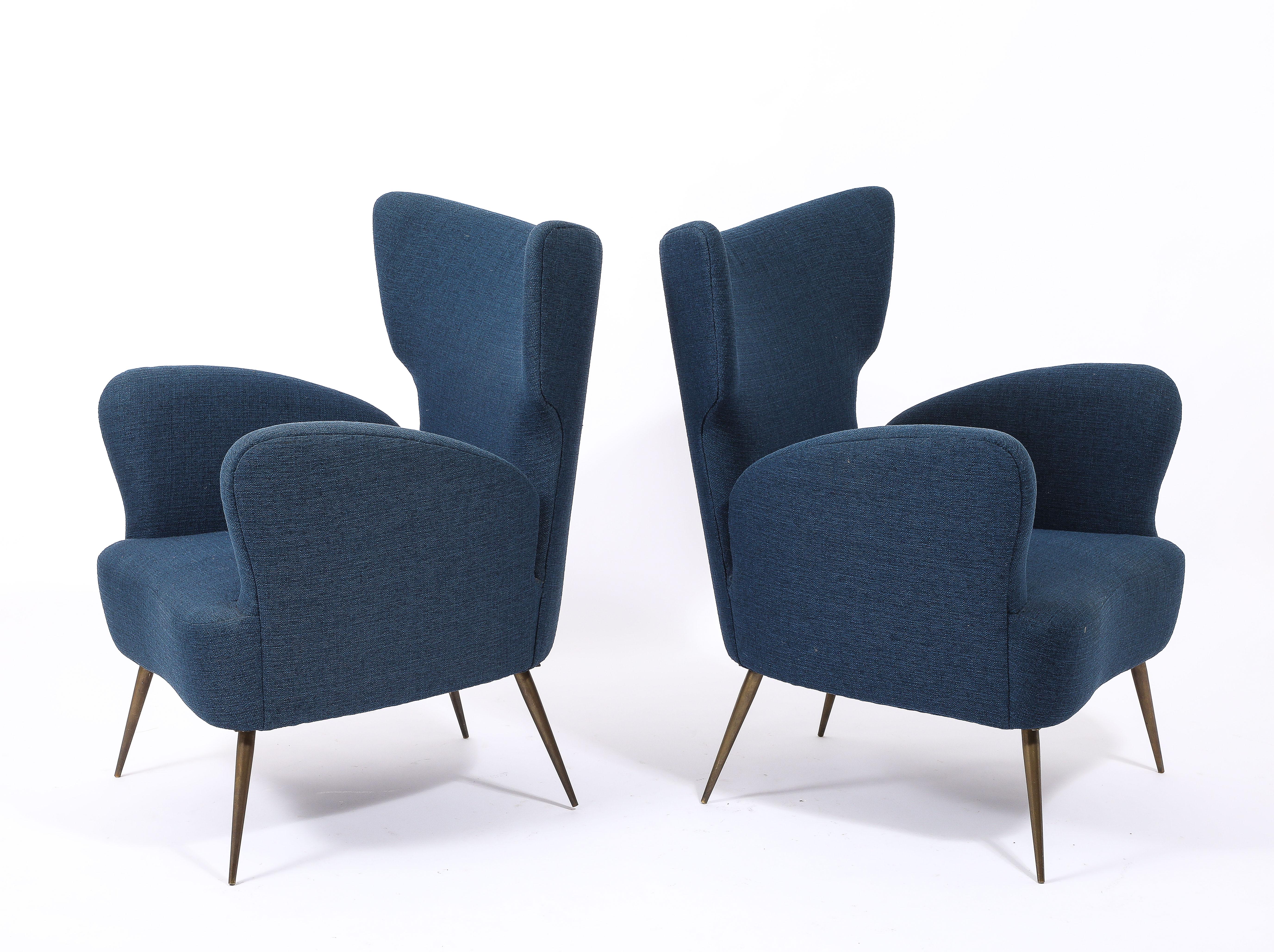 Deep Blue  Linen Italian Wing Chairs, Italy 1950's 1