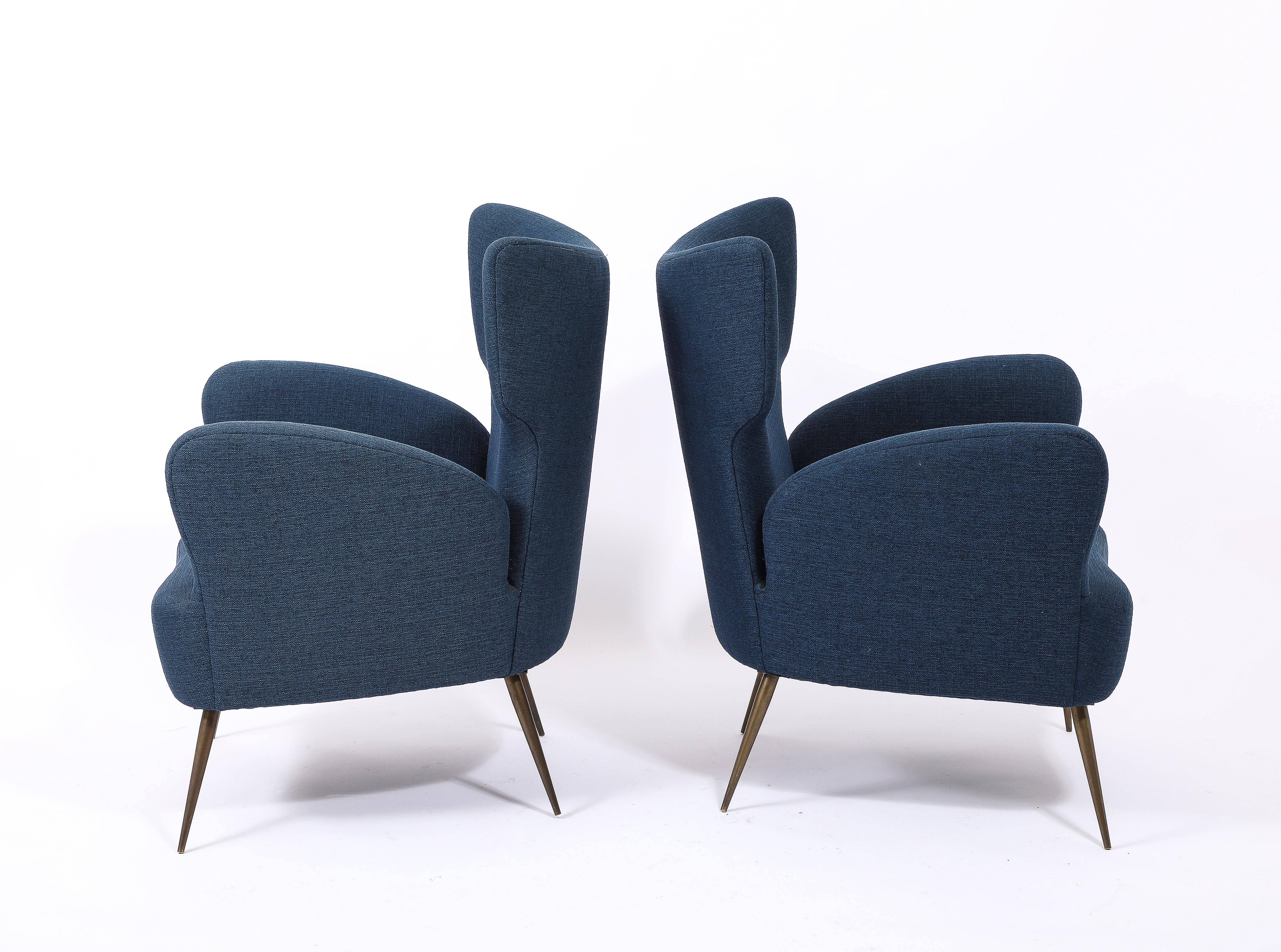 Deep Blue  Linen Italian Wing Chairs, Italy 1950's For Sale 2
