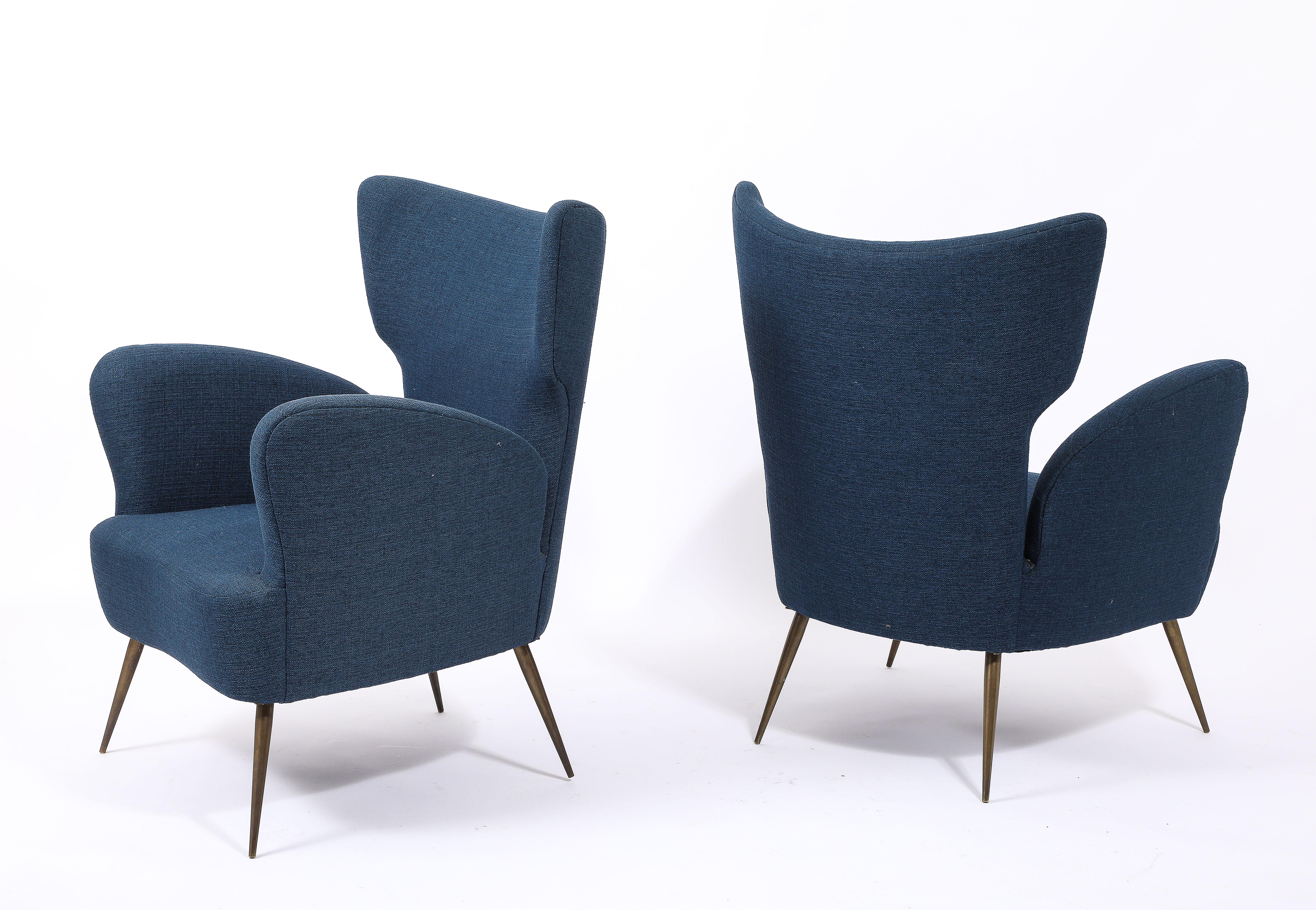 Deep Blue  Linen Italian Wing Chairs, Italy 1950's 3