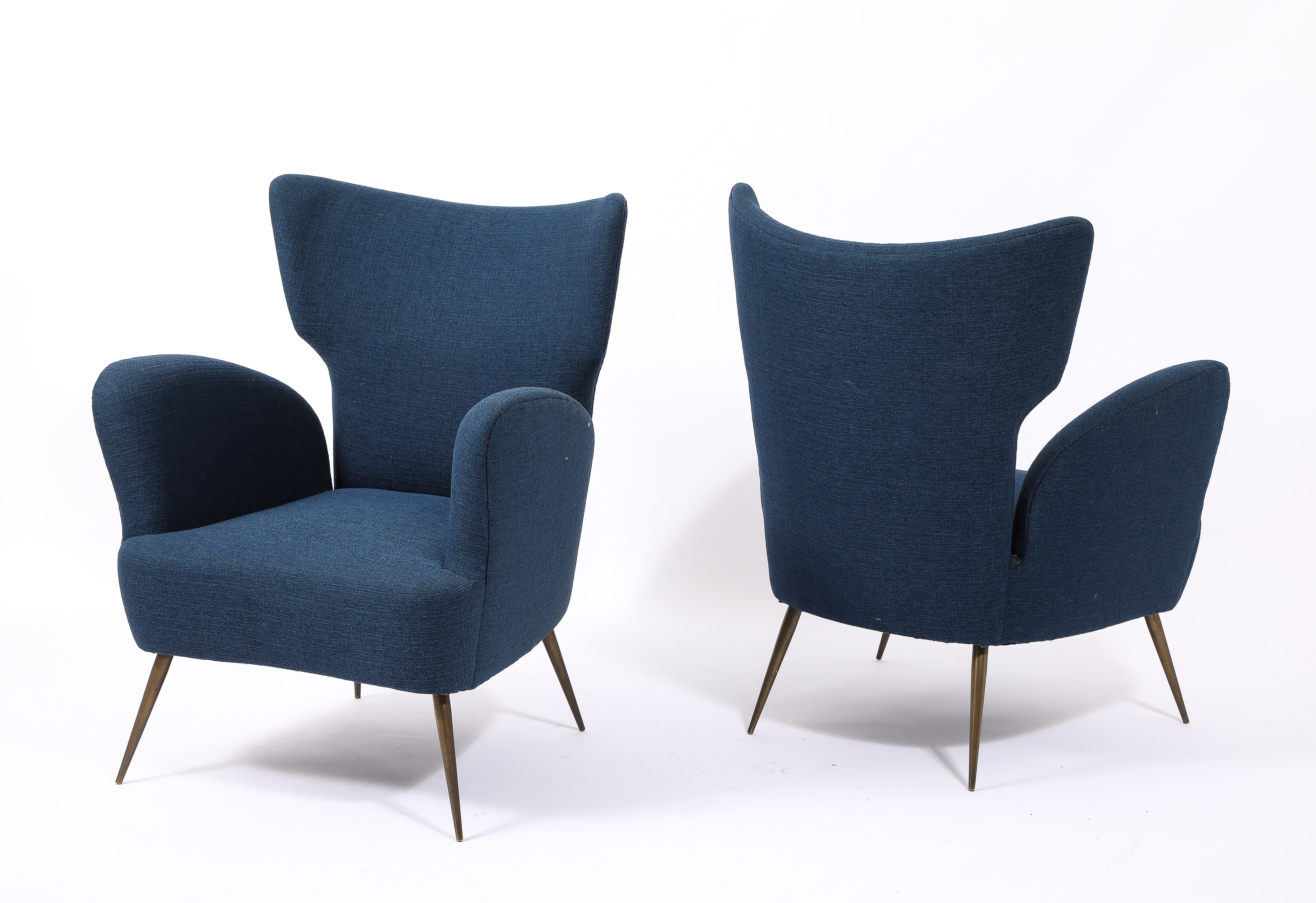Deep Blue  Linen Italian Wing Chairs, Italy 1950's 4