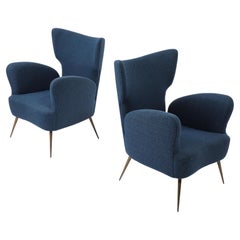 Retro Deep Blue  Linen Italian Wing Chairs, Italy 1950's