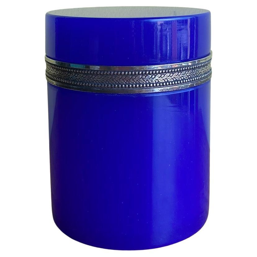Deep Blue Murano Glass Box and Cover with Silvered Decorated Rim