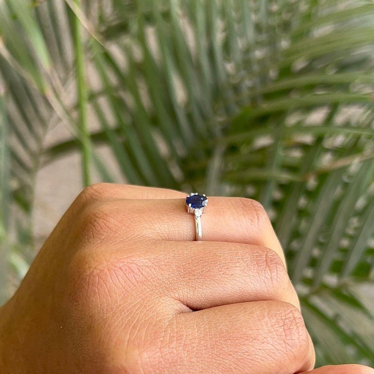 Bague Solitaire Argent 925 Avec Saphir Bleu Synthétique - Taille US 7 - Style Tendance, Fabrication Artisanale