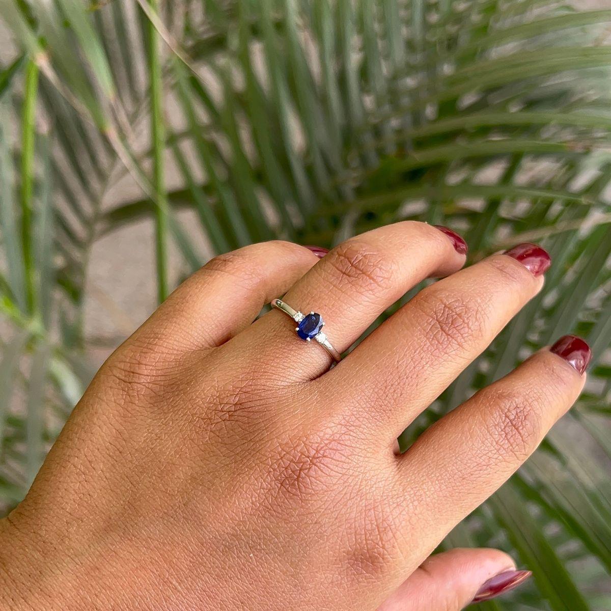 For Sale:  Deep Blue Oval Sapphire & Zirconia Everyday Ring for Her in 925 Silver Certified 8