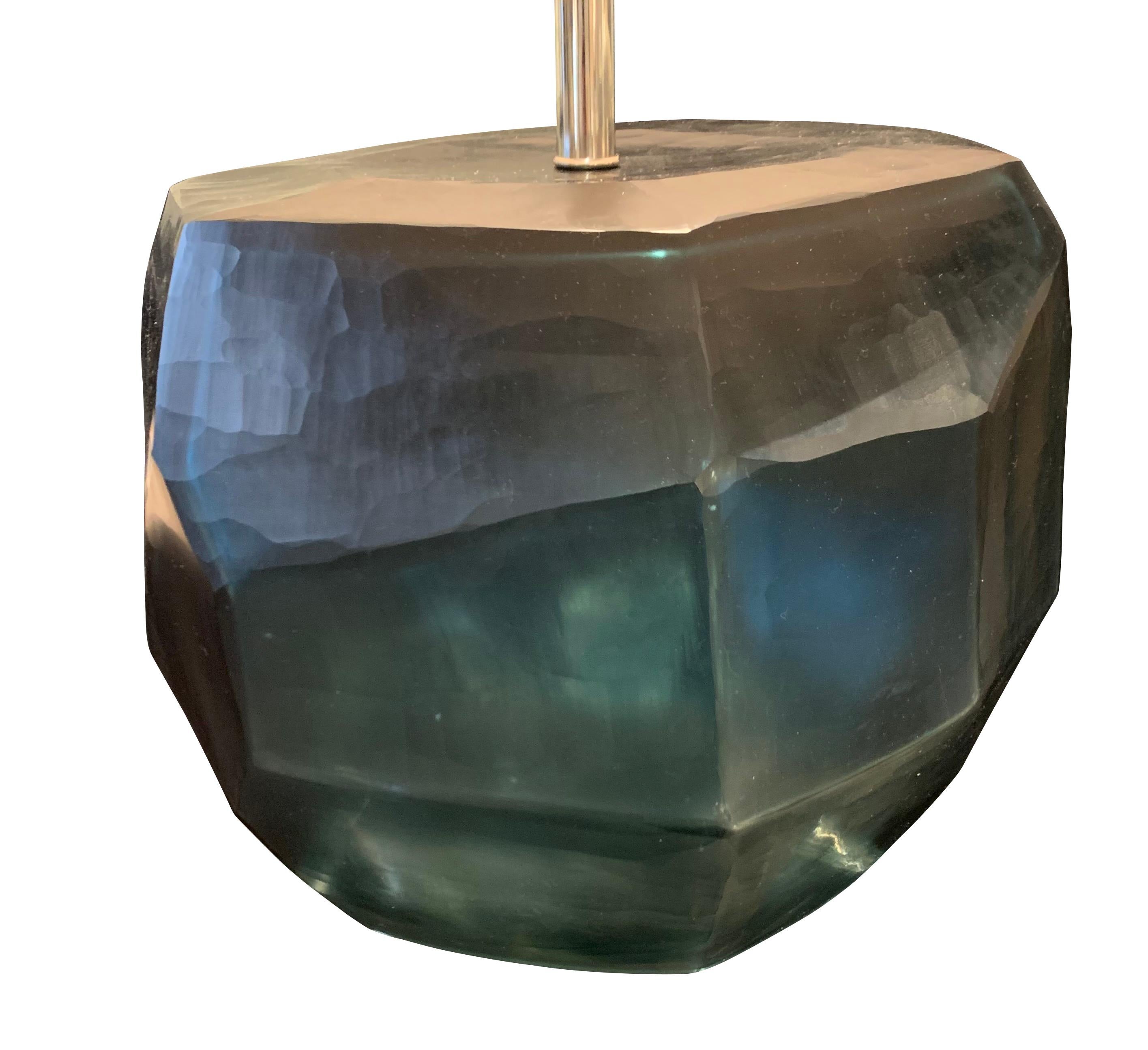 Deep Blue Pair Cubist Cut Glass Lamps, Romania, Contemporary In New Condition In New York, NY