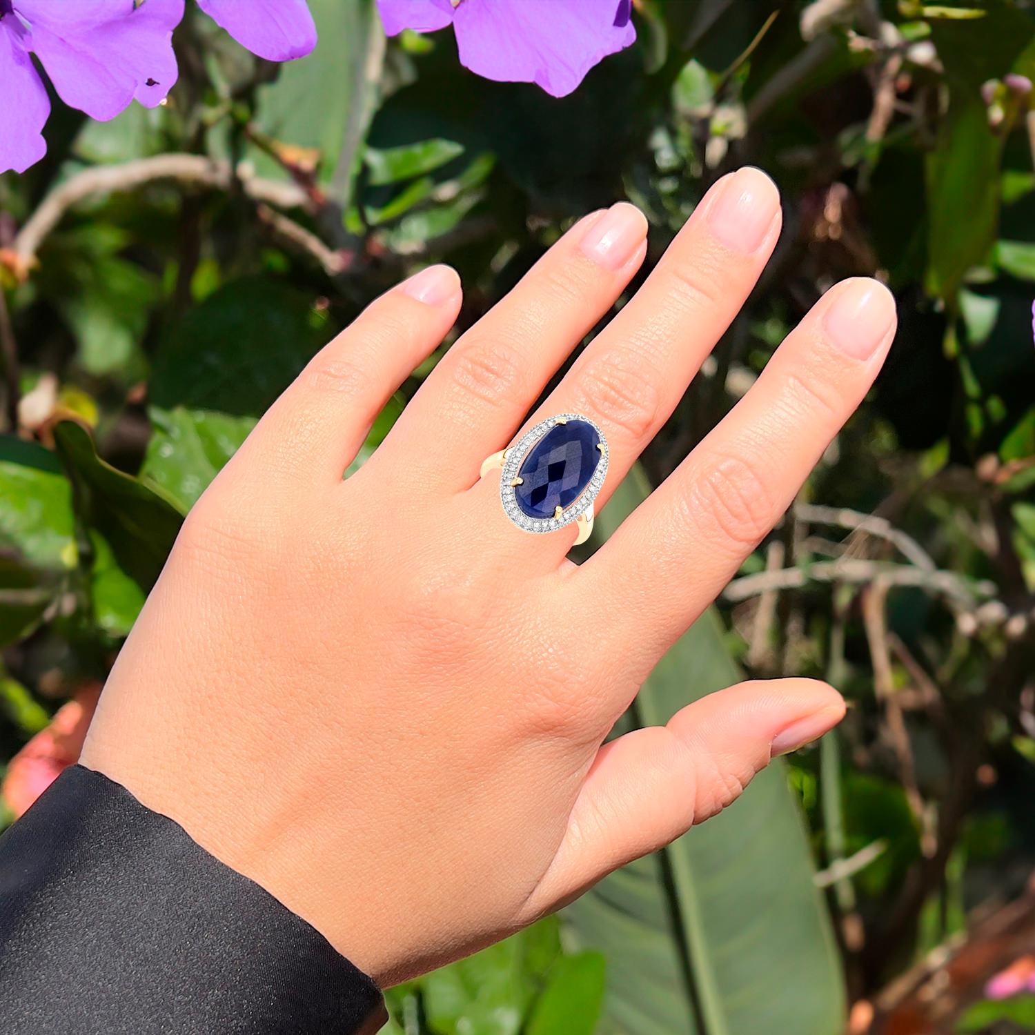 Deep Blue Rose Cut 10 Carat Sapphire Cocktail Ring Diamond Halo 14K Yellow Gold In Excellent Condition For Sale In Aliso Viejo, CA