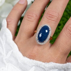Deep Blue Rose Cut 10 Carat Sapphire Cocktail Ring Diamond Halo 14K Yellow Gold