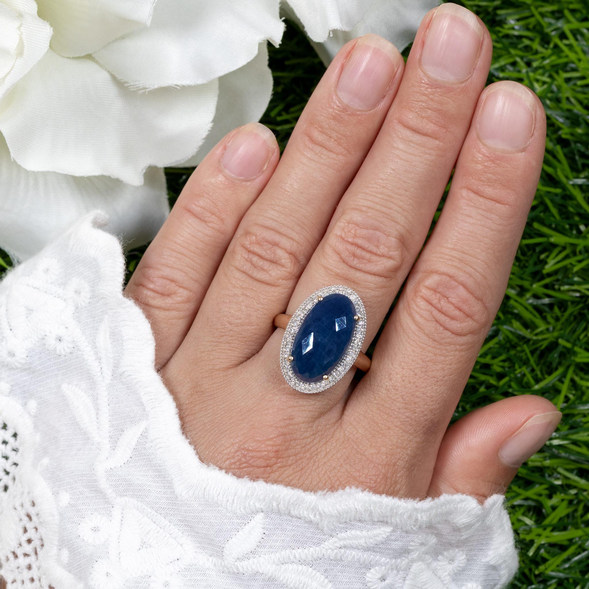 Azul Profundo Corte Rosa 10 Quilates Zafiro Cóctel Anillo Diamante Halo Oro Amarillo 14K Corte rosa en venta