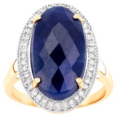 Deep Blue Rose Cut 10 Carat Sapphire Cocktail Ring Diamond Halo 14K Yellow Gold
