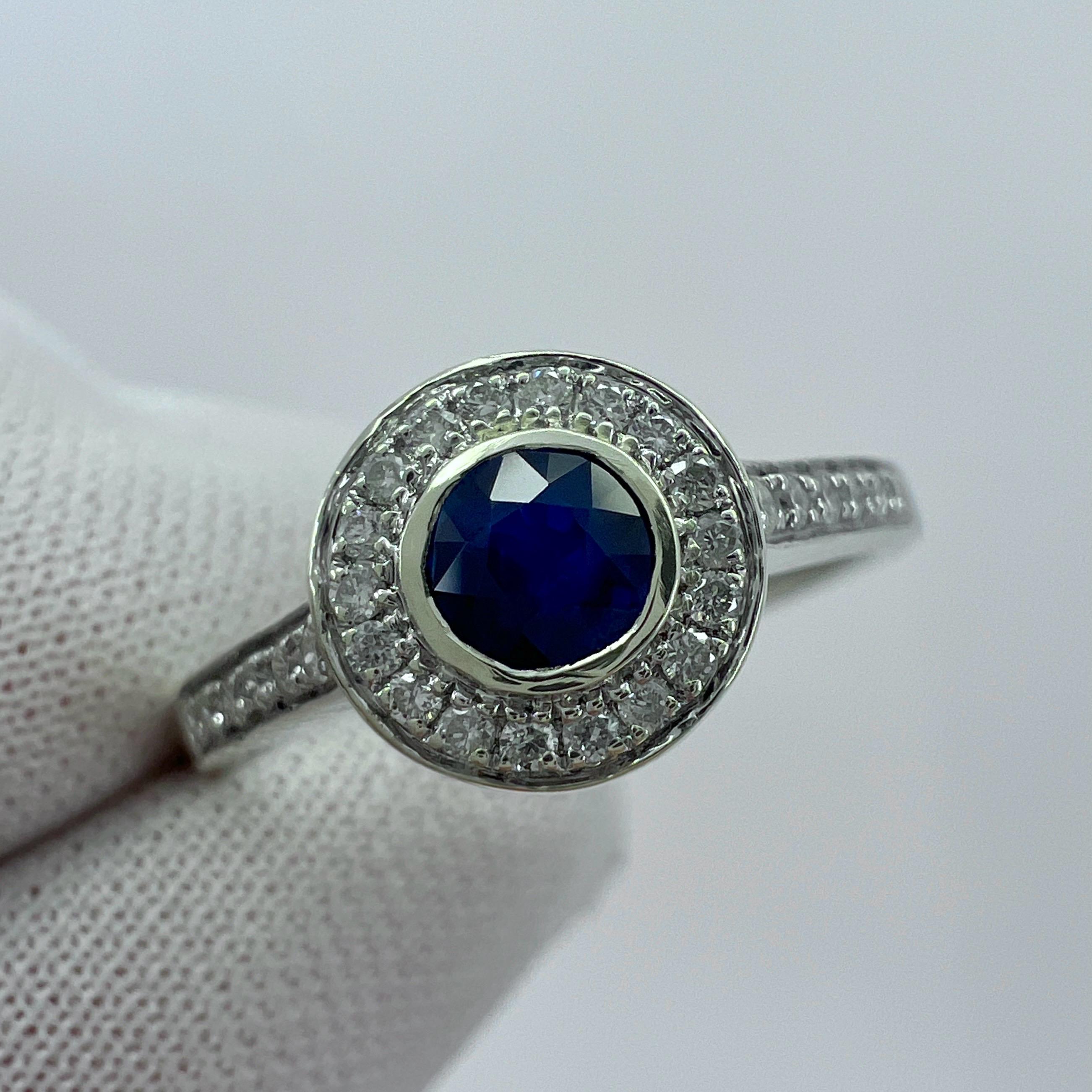 Deep Blue Round Cut Ceylon Sapphire Diamond White Gold Halo Cocktail Ring 6