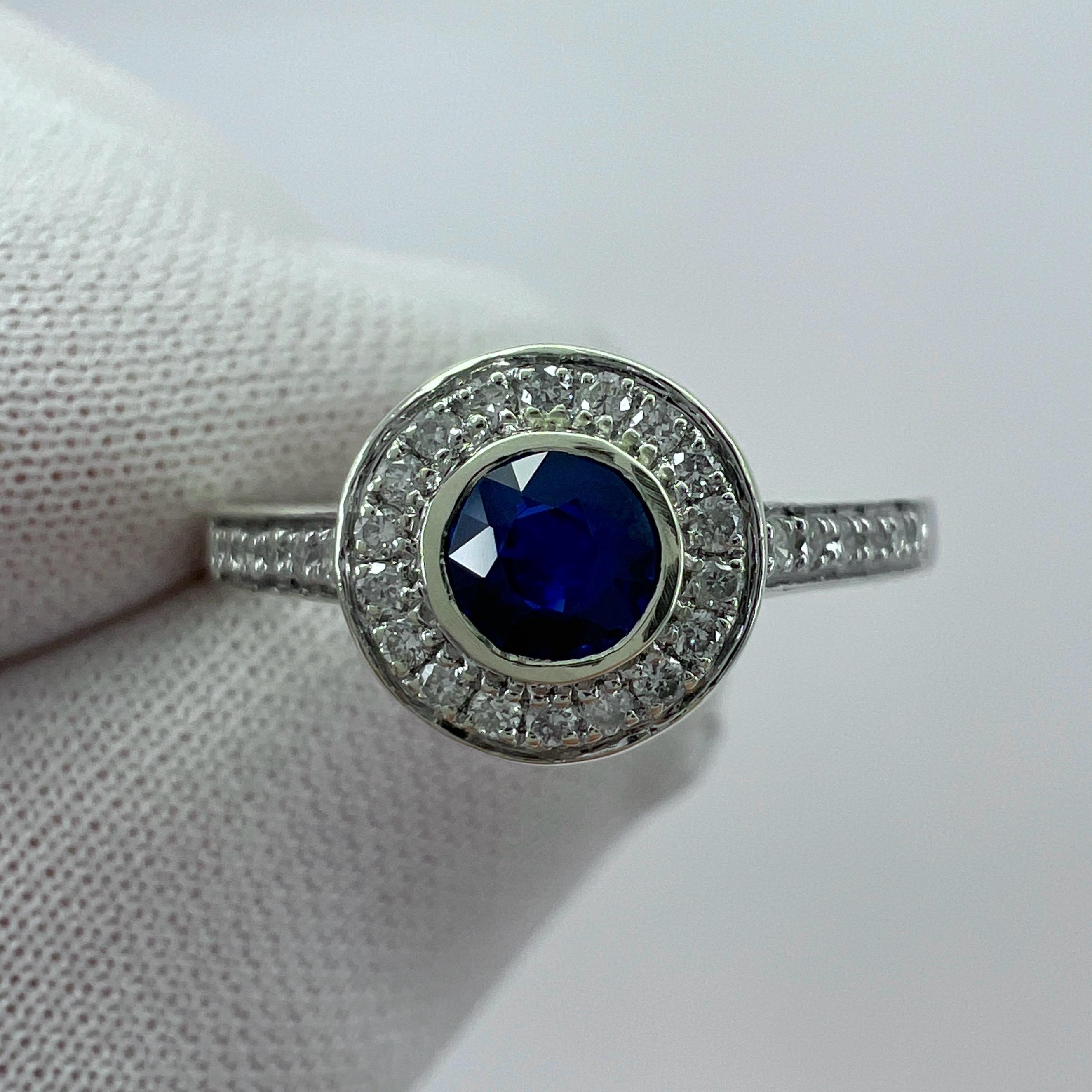 Deep Blue Round Cut Ceylon Sapphire Diamond White Gold Halo Cocktail Ring 7