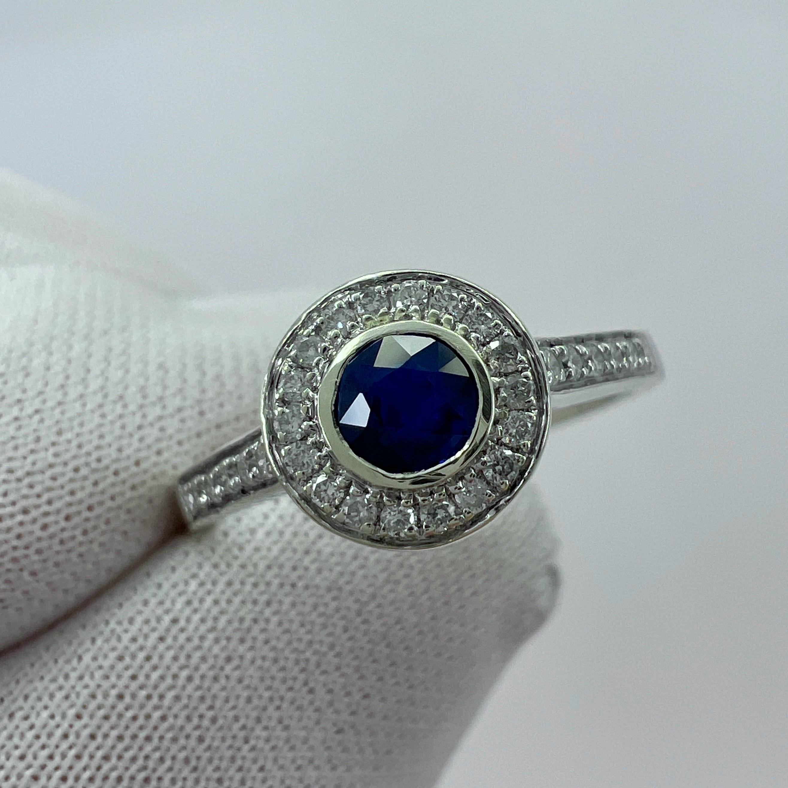 Women's or Men's Deep Blue Round Cut Ceylon Sapphire Diamond White Gold Halo Cocktail Ring