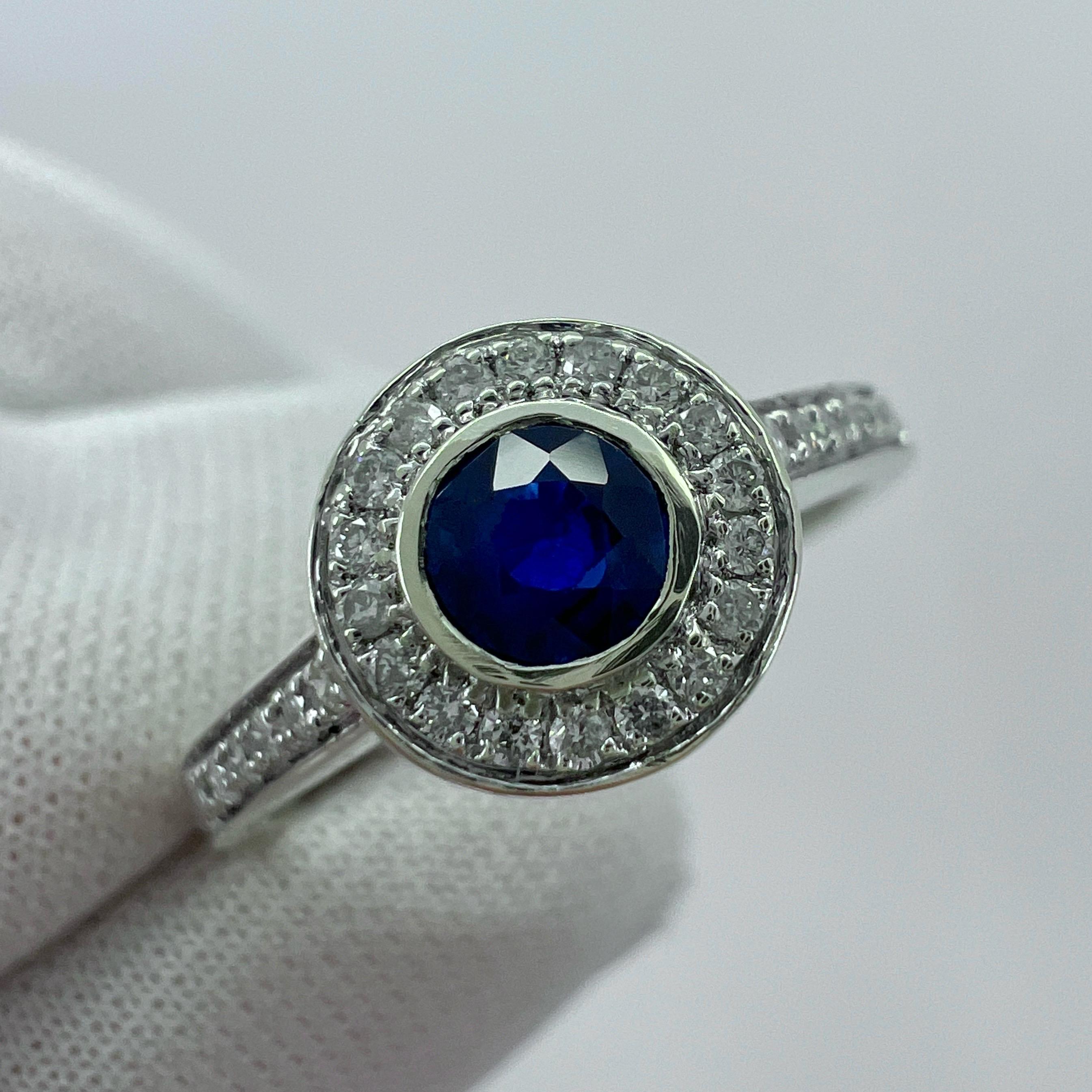 Deep Blue Round Cut Ceylon Sapphire Diamond White Gold Halo Cocktail Ring 2